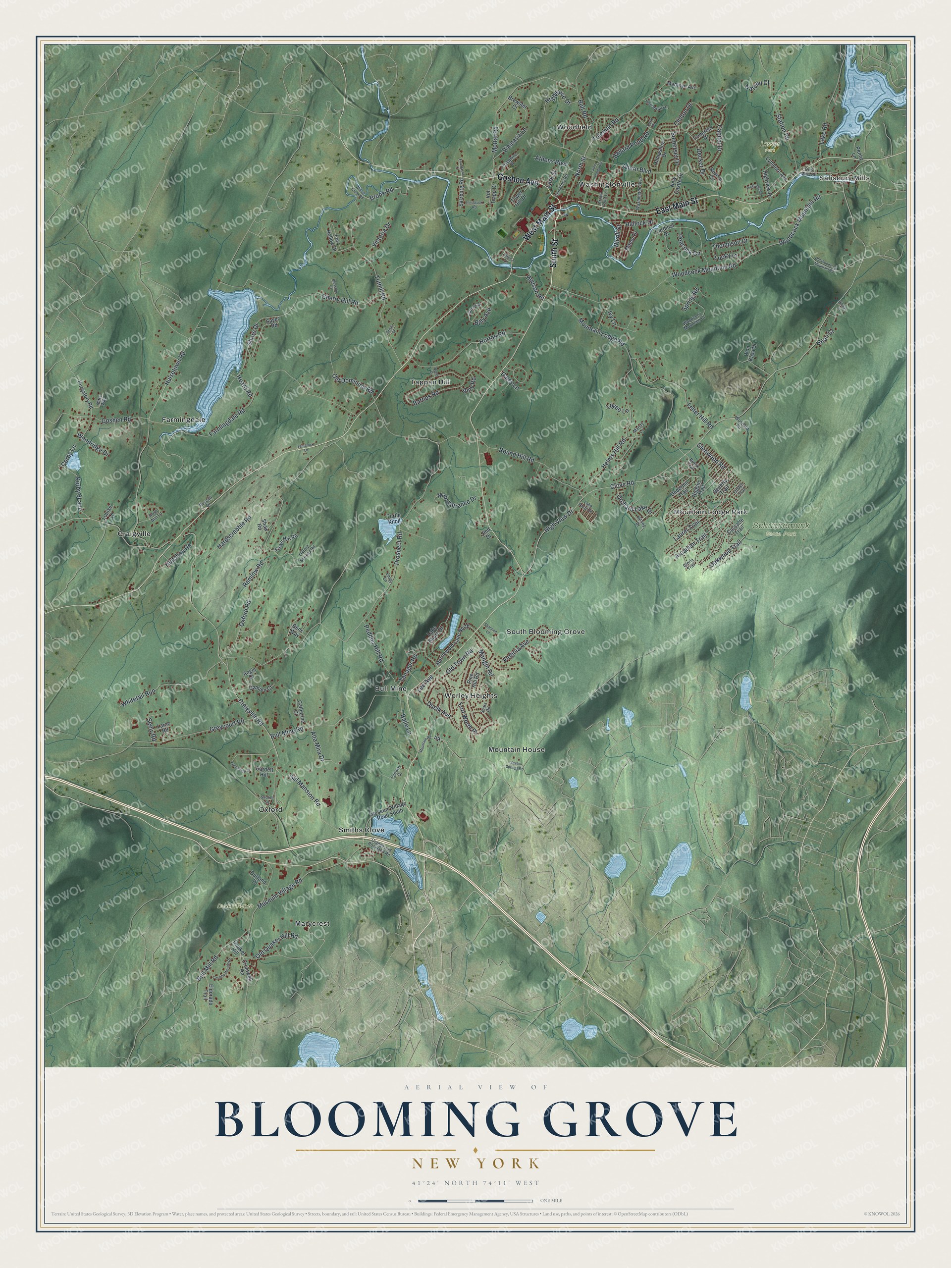 Detailed map of Blooming Grove, New York, showing streets, buildings, neighborhoods, and parks