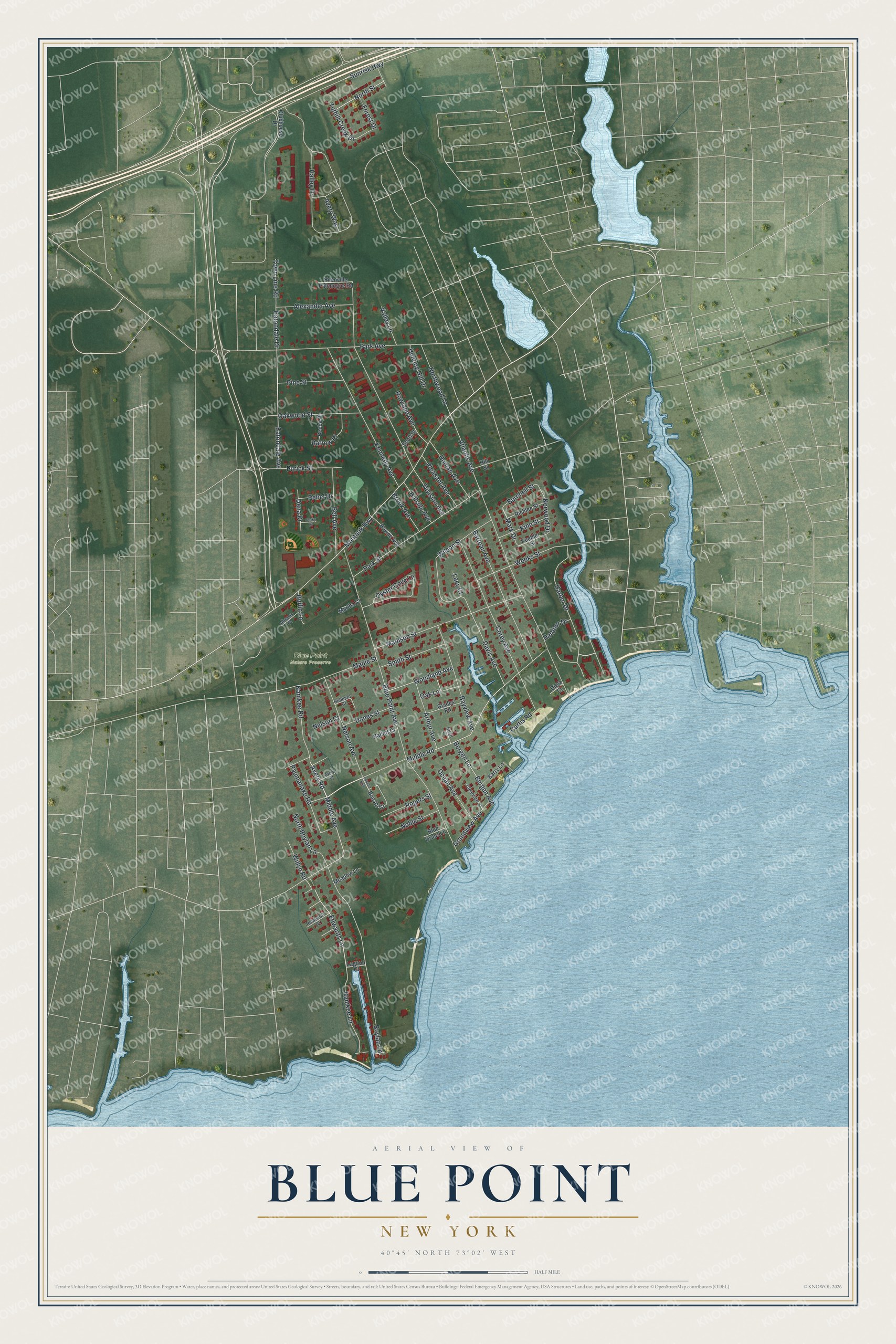 Detailed map of Blue Point, New York, showing streets and buildings
