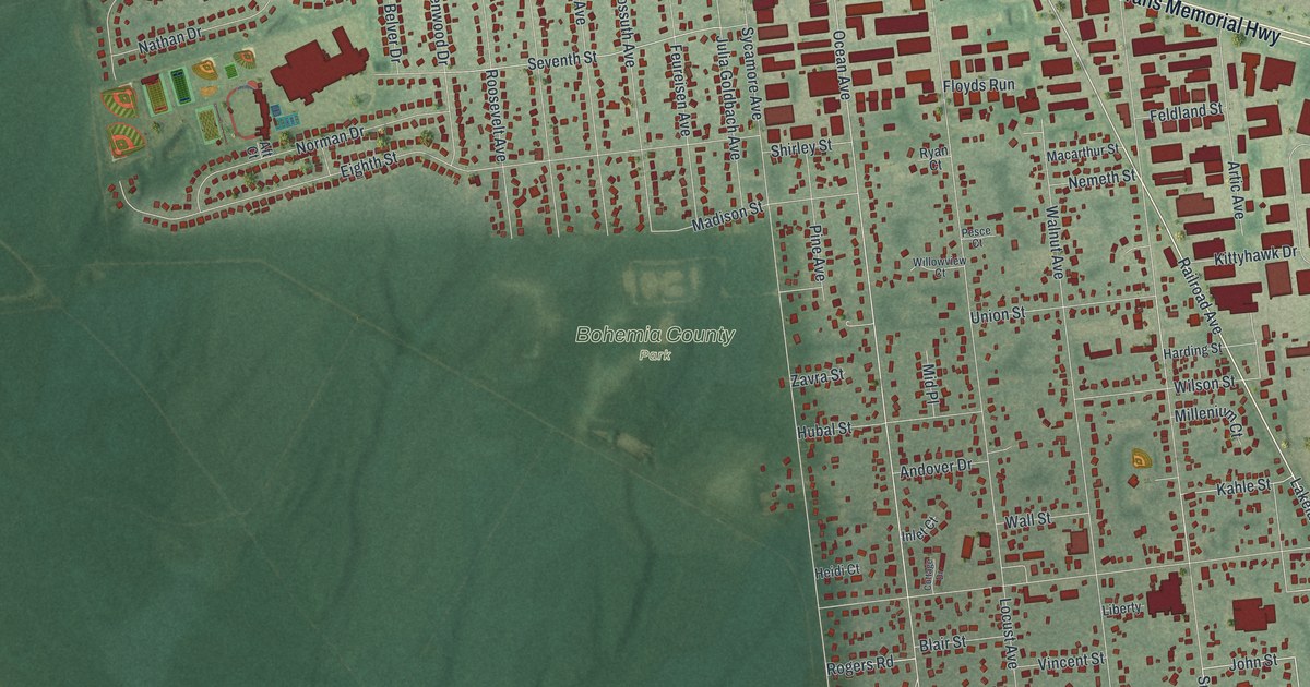 Close-up of streets and buildings in Bohemia, New York