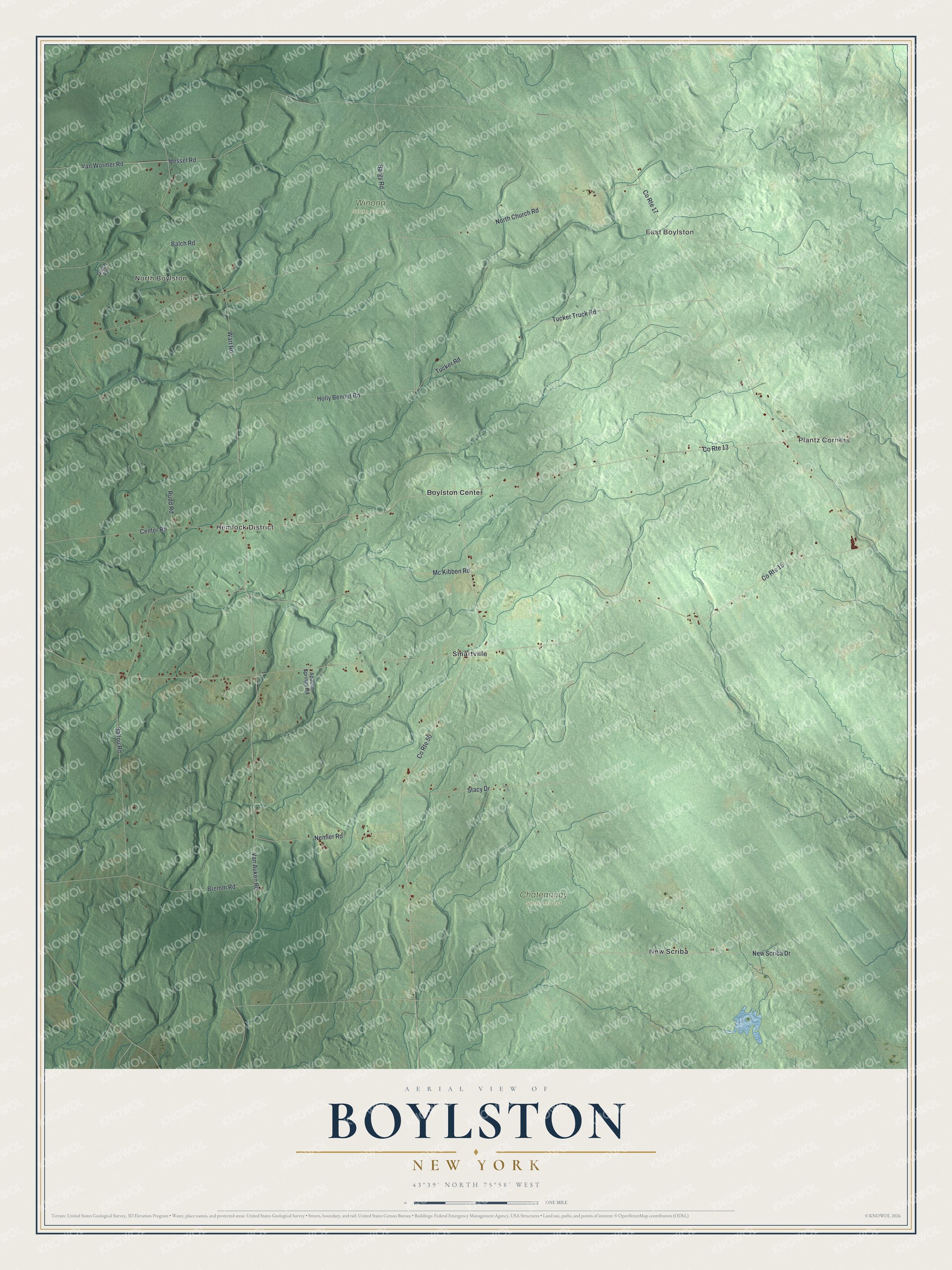 Detailed map of Boylston, New York, showing streets, buildings, neighborhoods, and parks