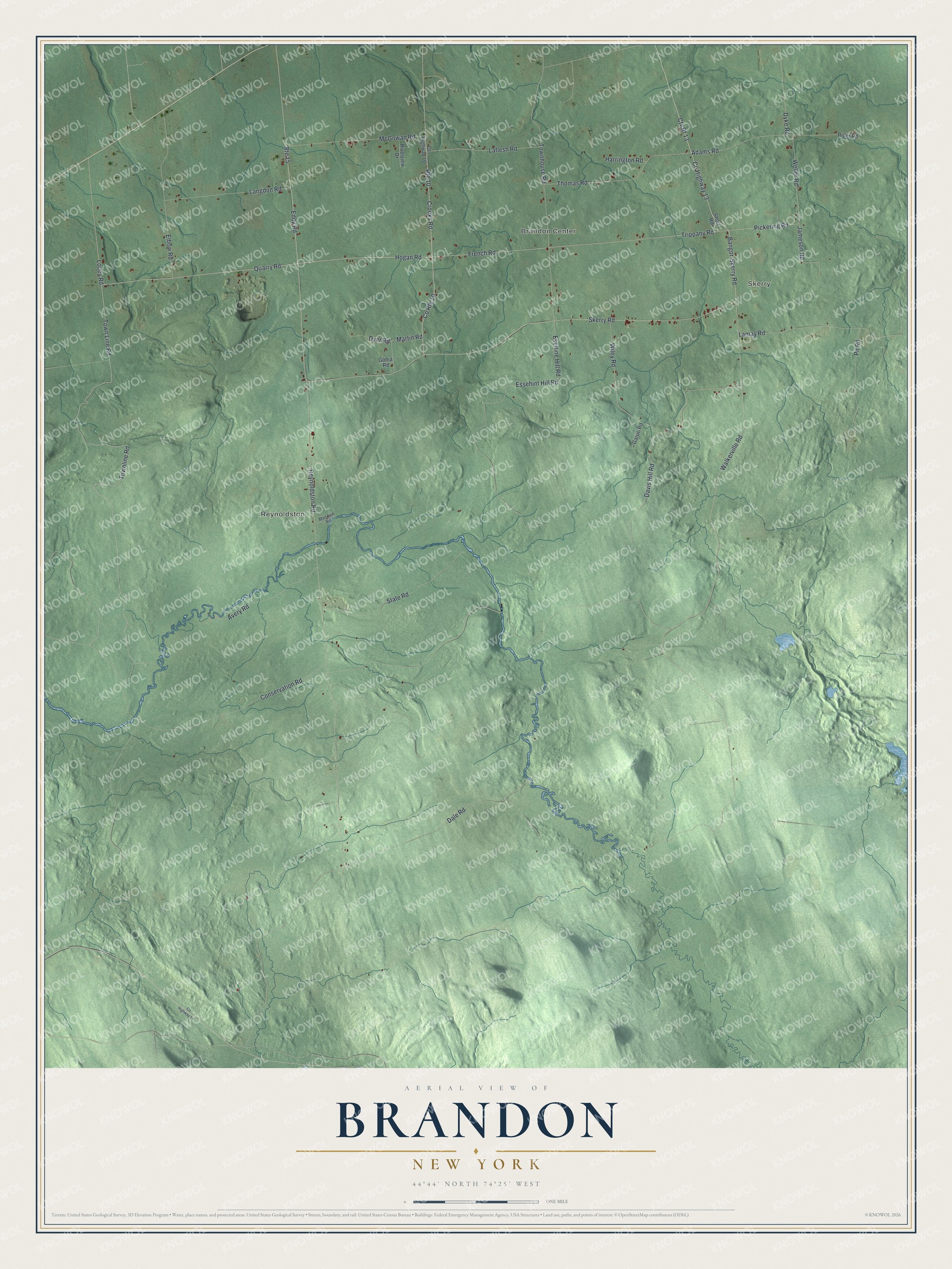 Detailed map of Brandon, New York, showing streets, buildings, and neighborhoods