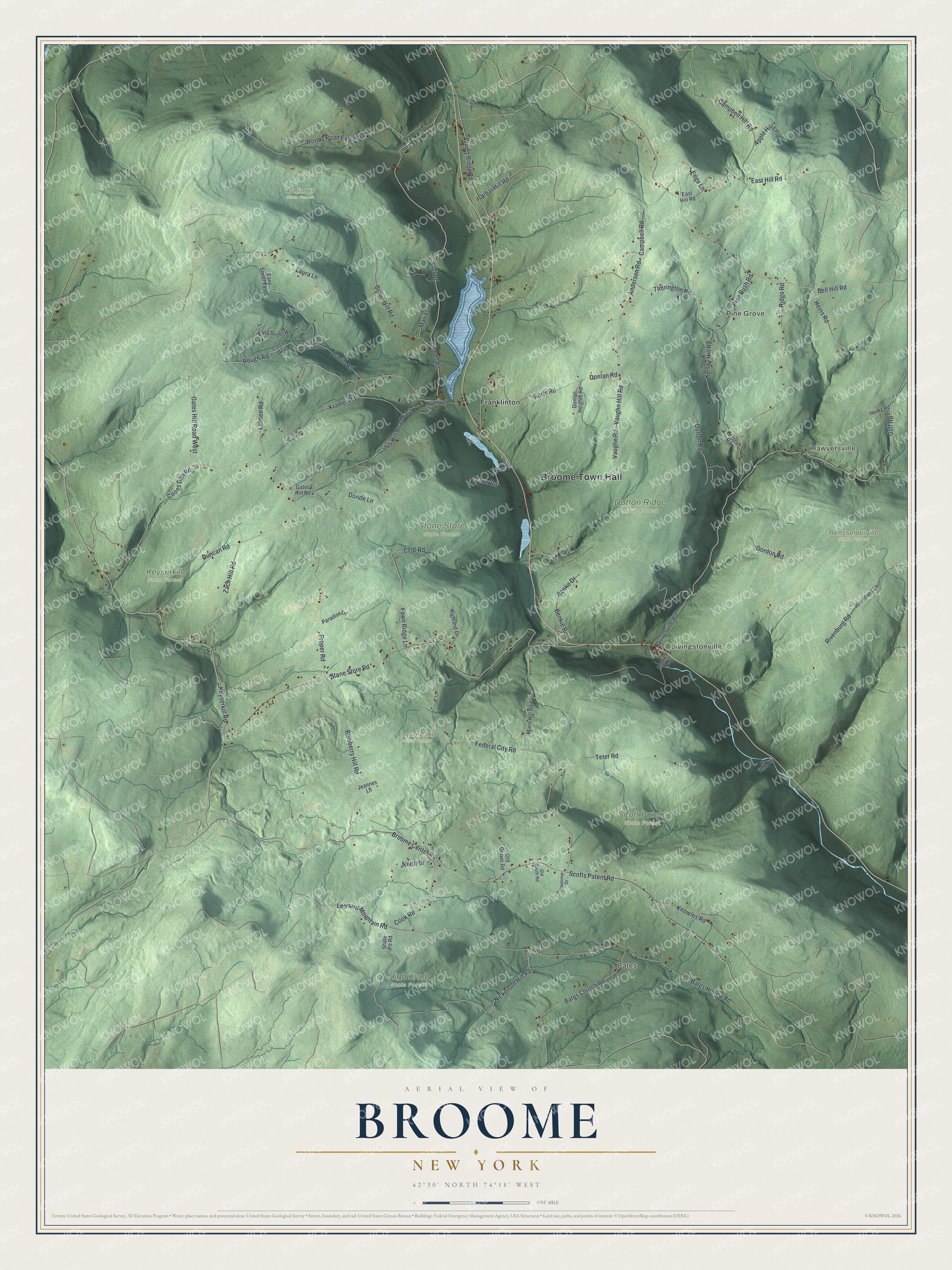 Detailed map of Broome, New York, showing streets, buildings, neighborhoods, and parks