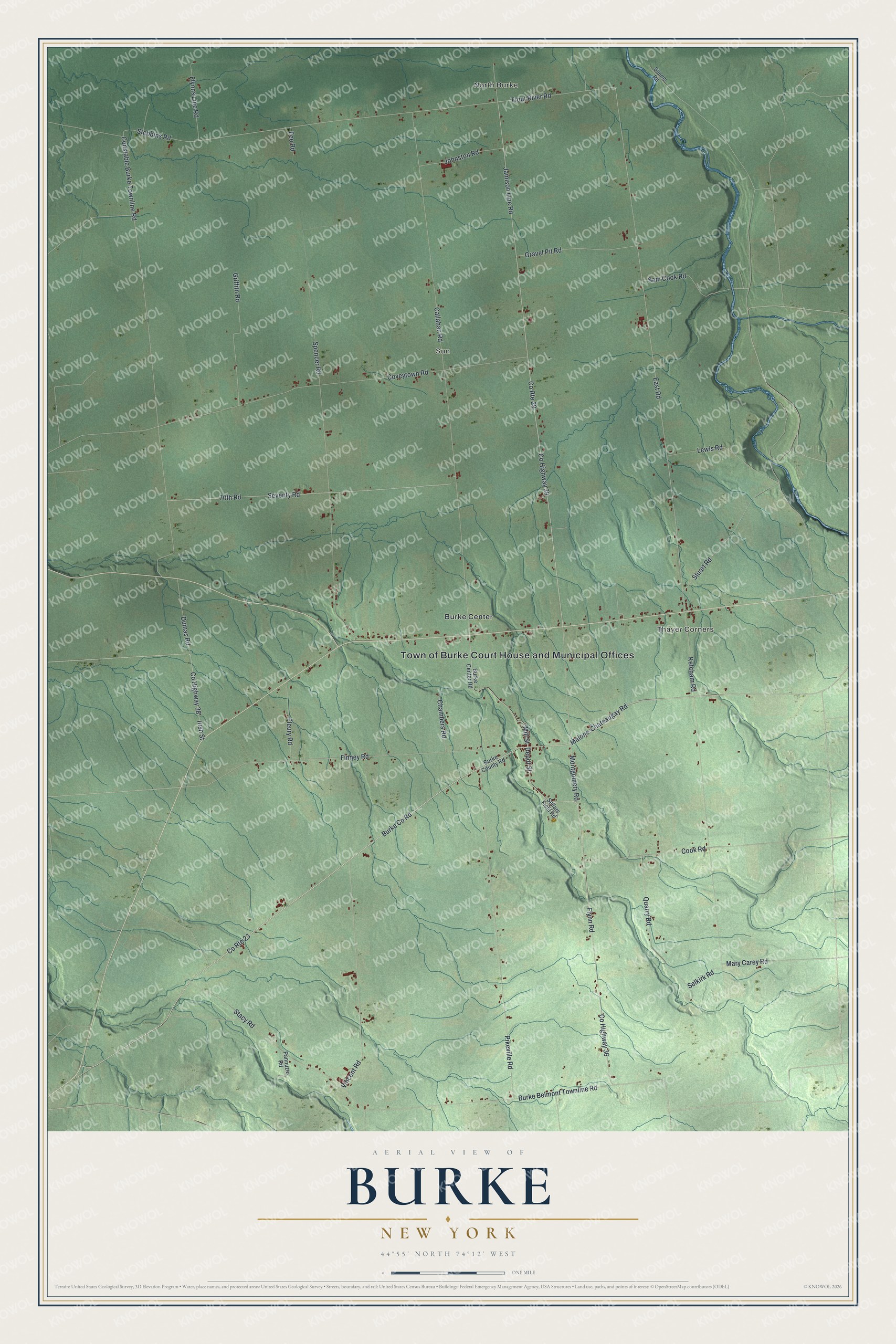 Detailed map of Burke, New York, showing streets, buildings, and neighborhoods
