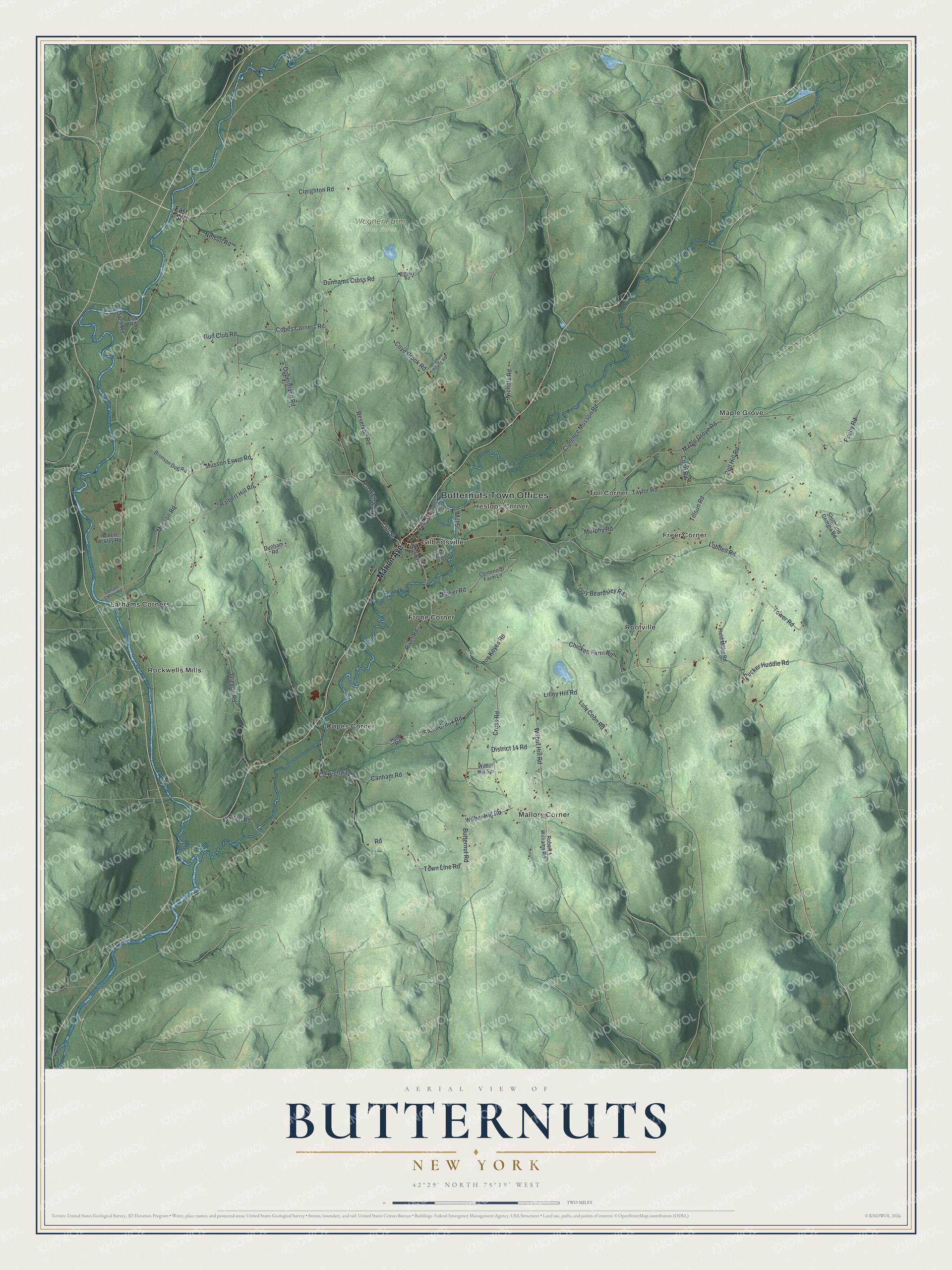 Detailed map of Butternuts, New York, showing streets, buildings, neighborhoods, and parks