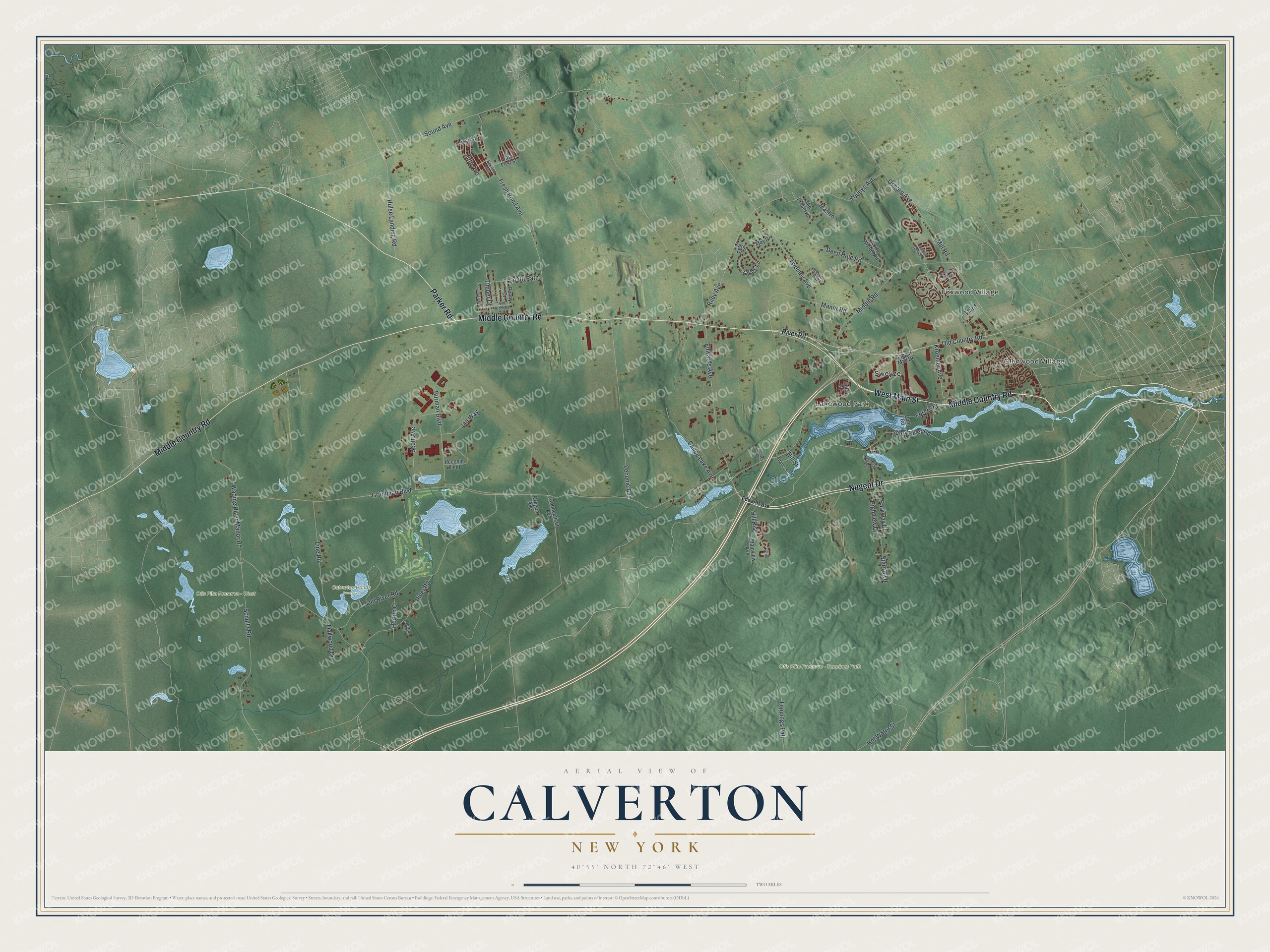 Detailed map of Calverton, New York, showing streets, buildings, neighborhoods, and parks