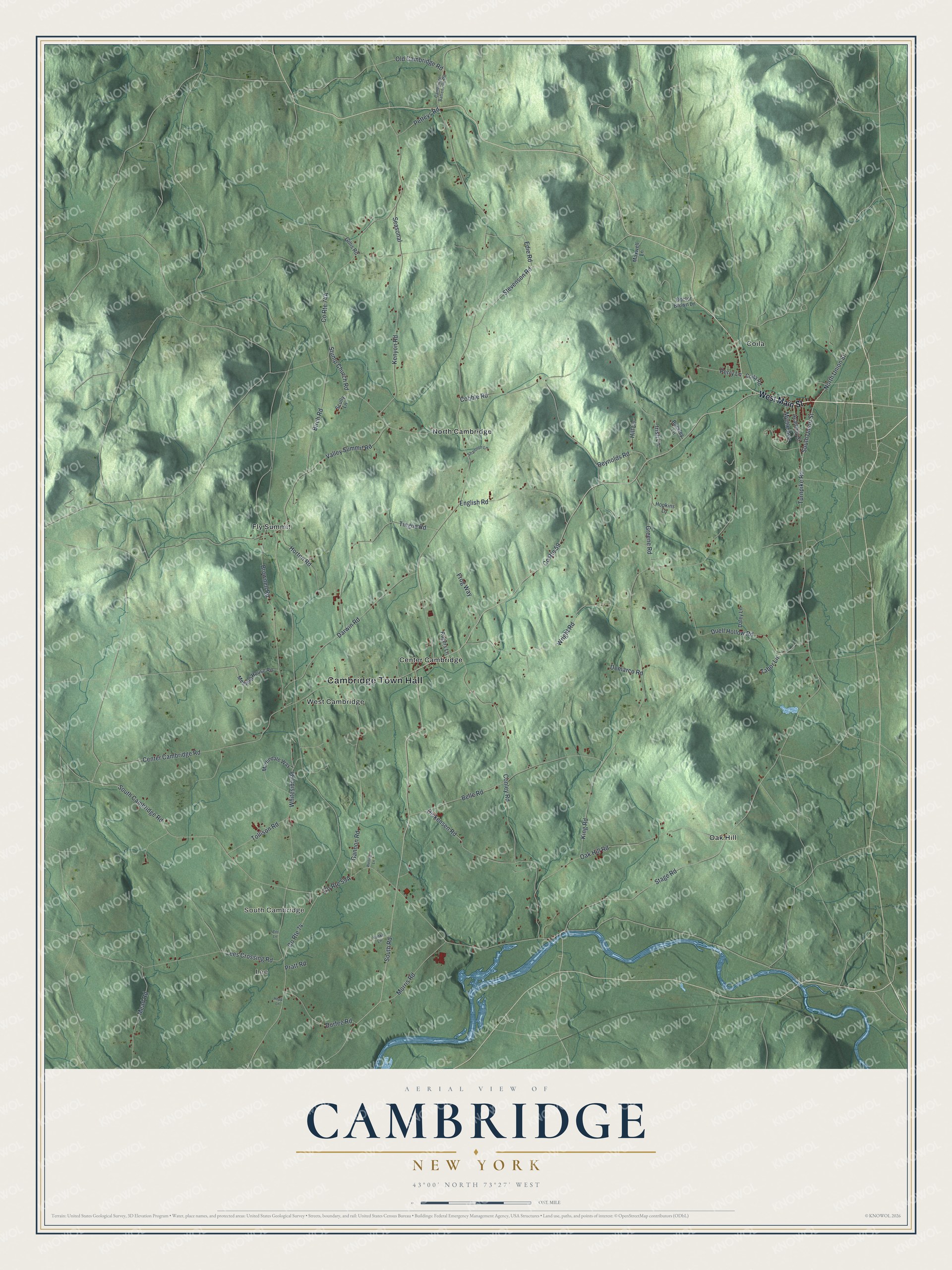 Detailed map of Cambridge, New York, showing streets, buildings, and neighborhoods