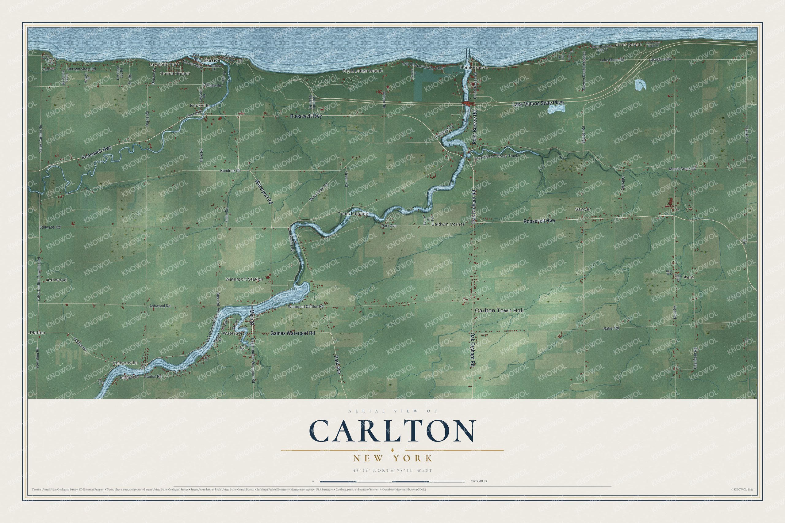 Detailed map of Carlton, New York, showing streets, buildings, and neighborhoods