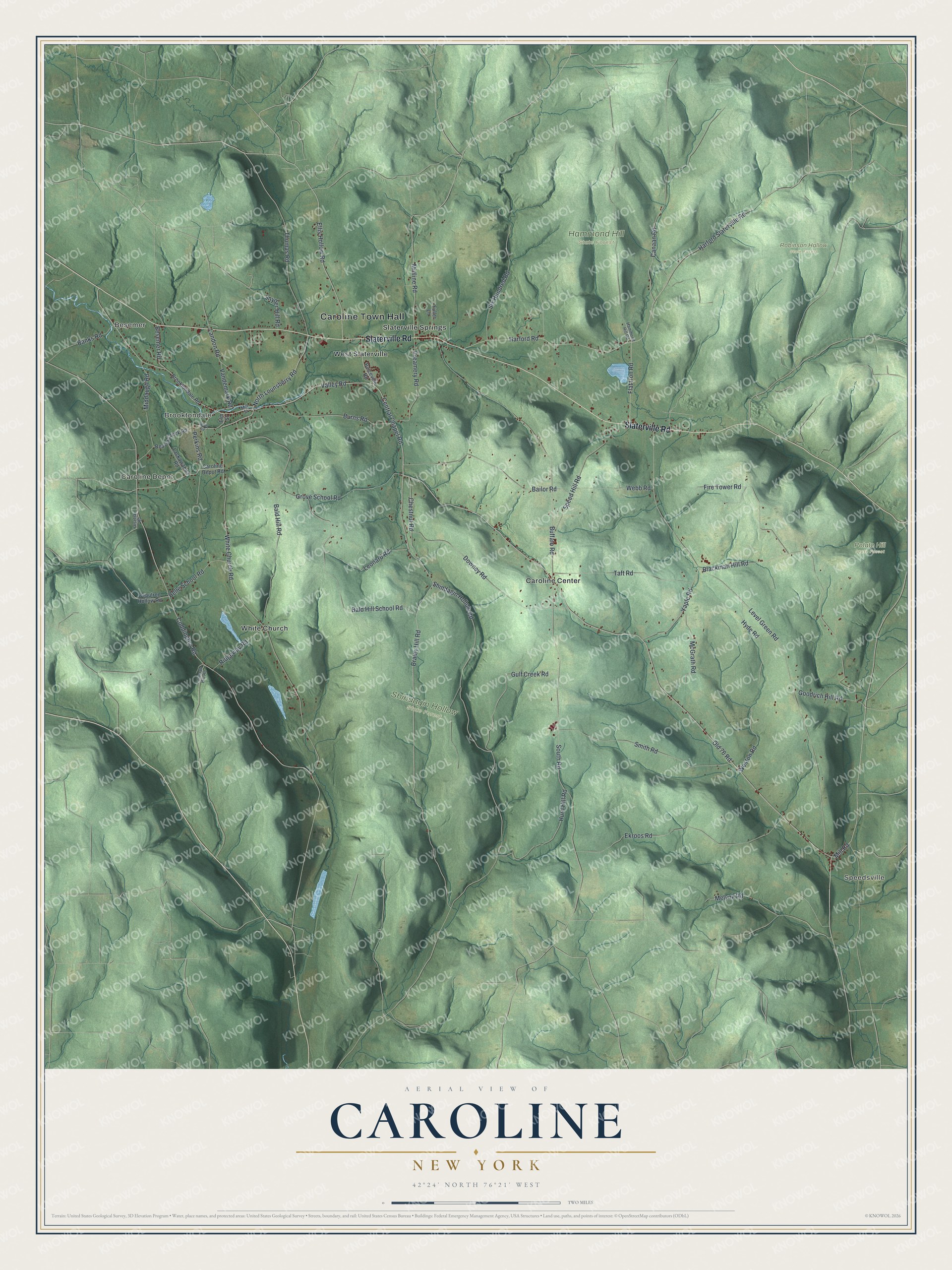Detailed map of Caroline, New York, showing streets, buildings, neighborhoods, and parks