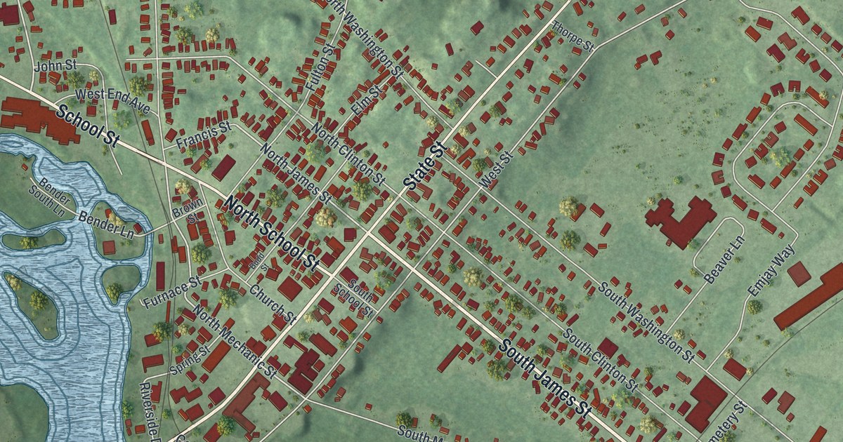 Close-up of streets and buildings in Carthage, New York