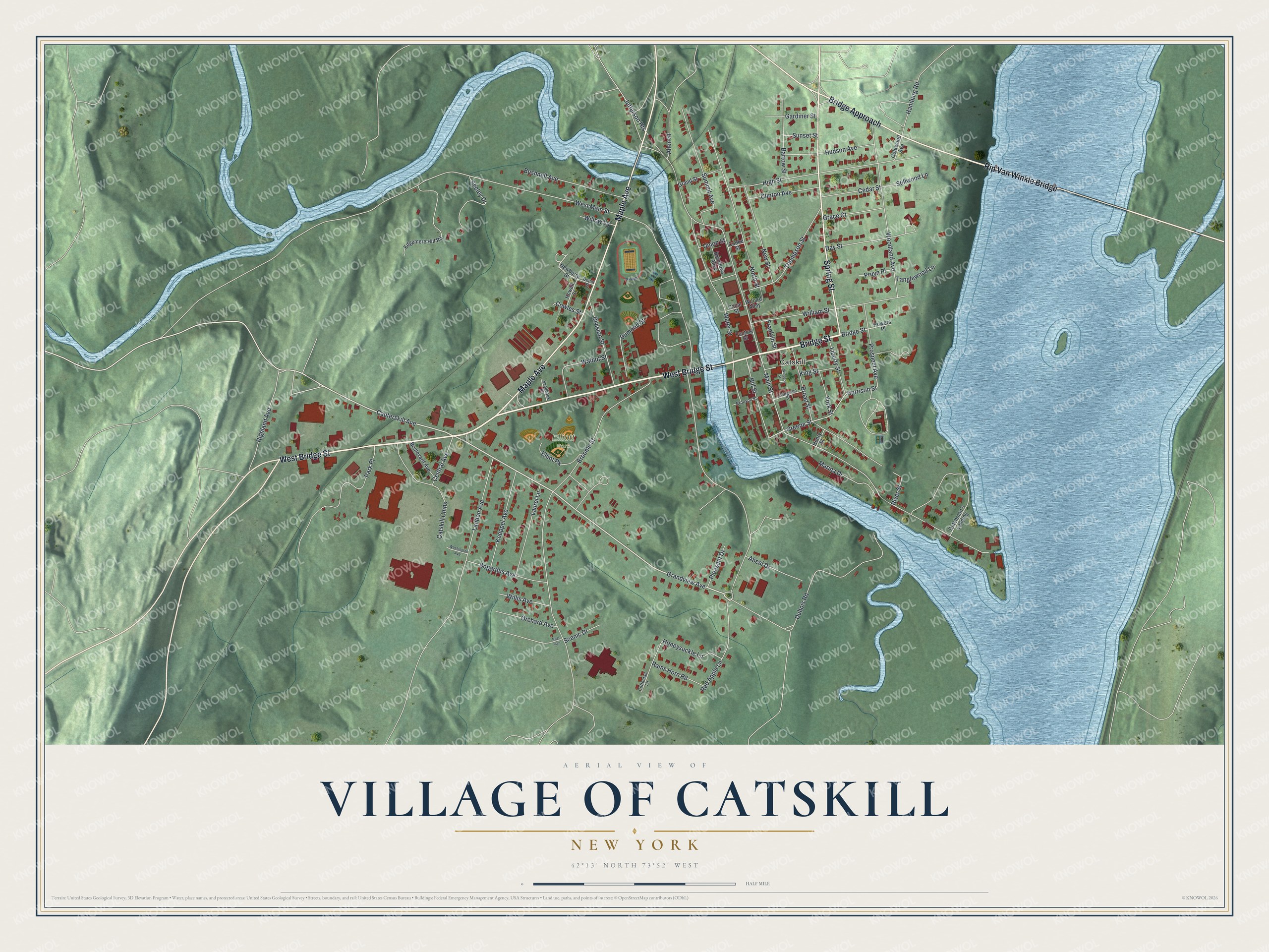 Detailed map of the Village of Catskill, New York, showing streets, buildings, and parks