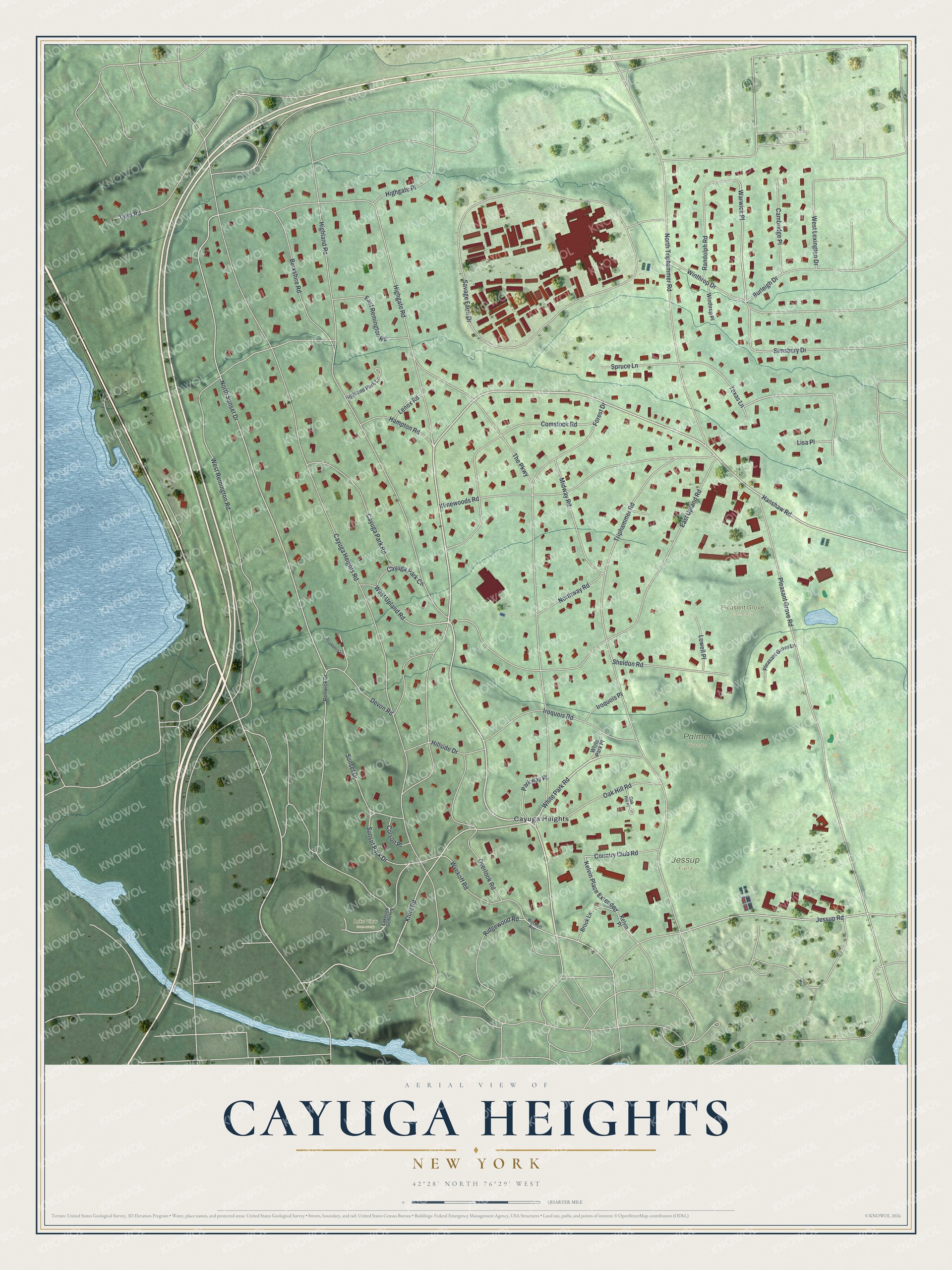 Detailed map of Cayuga Heights, New York, showing streets, buildings, and parks