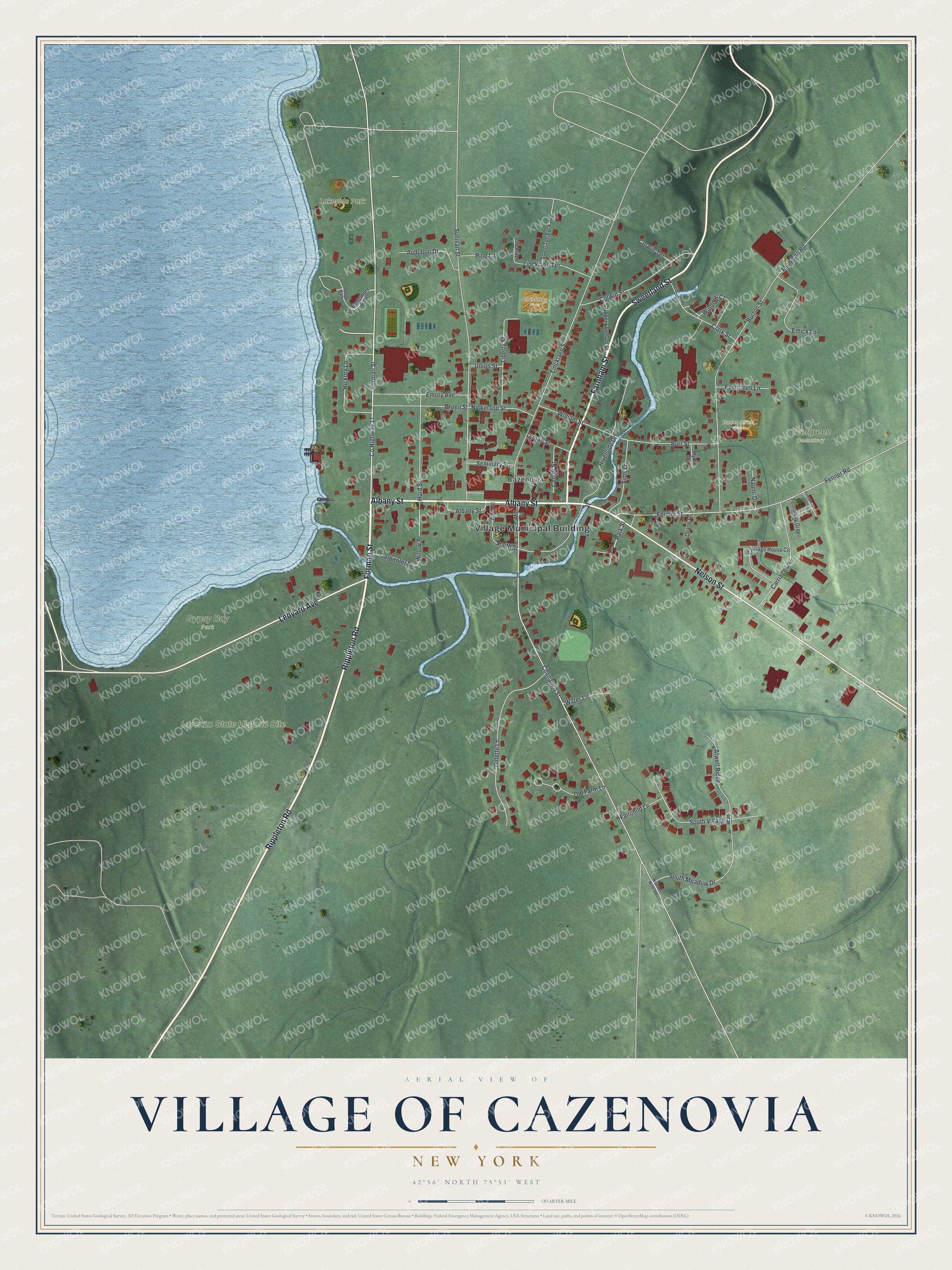 Detailed map of the Village of Cazenovia, New York, showing streets, buildings, and parks