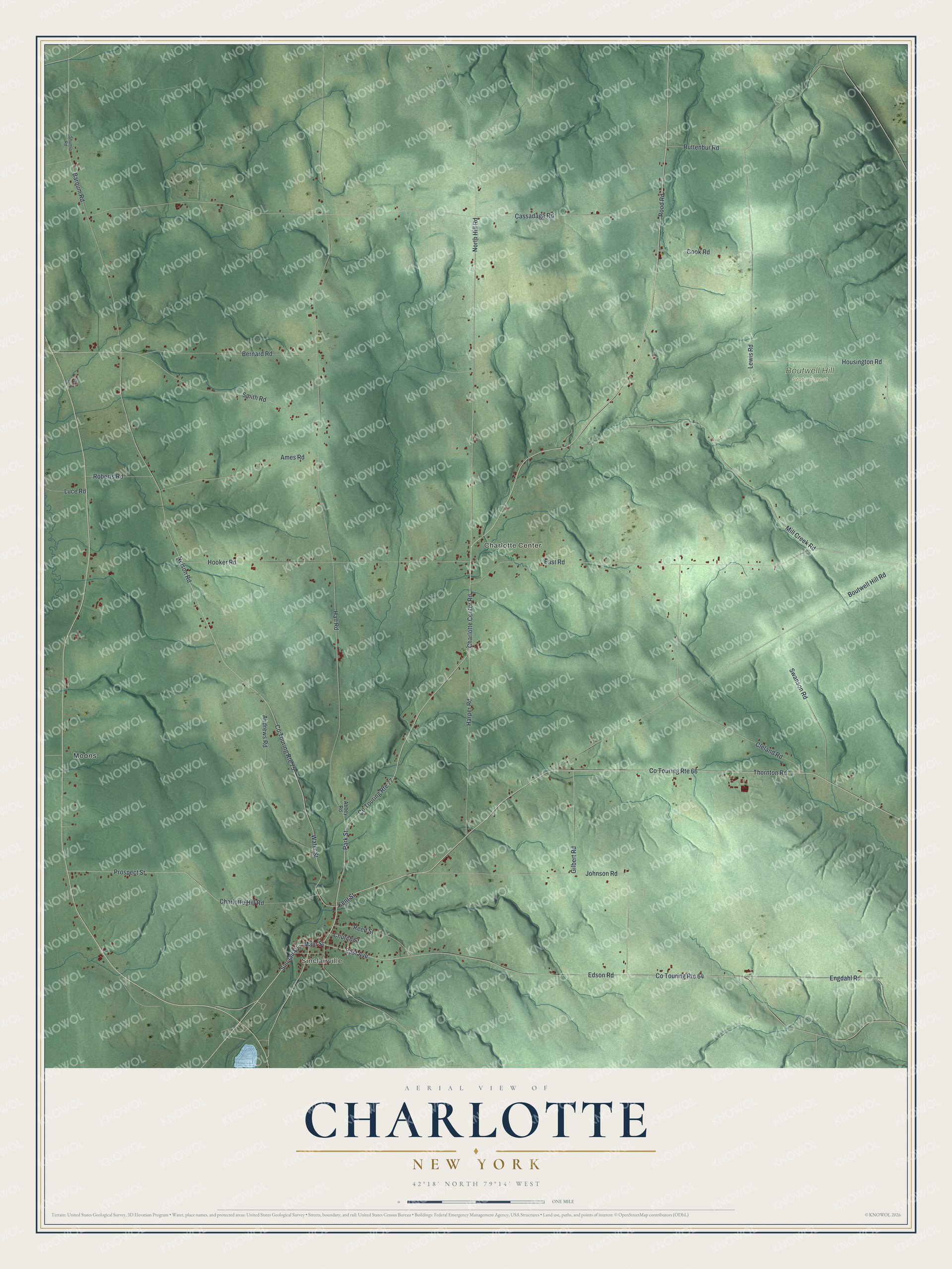 Detailed map of Charlotte, New York, showing streets, buildings, neighborhoods, and parks