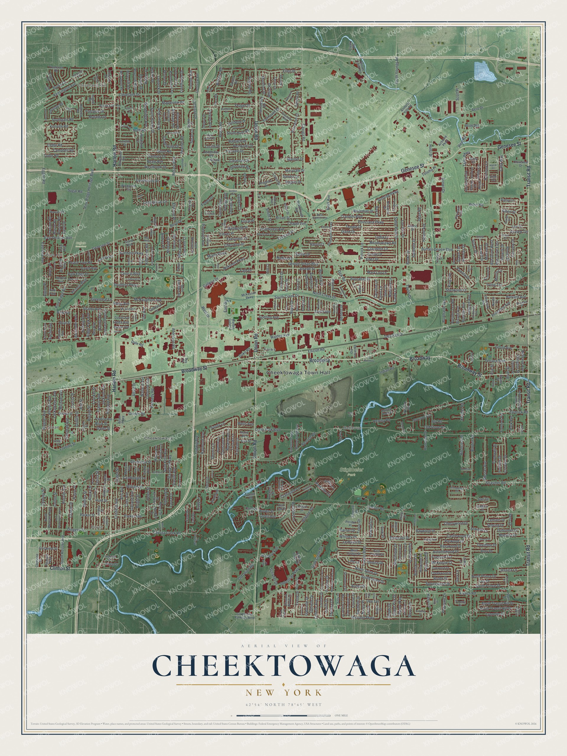 Detailed map of Cheektowaga, New York, showing streets, buildings, neighborhoods, and parks