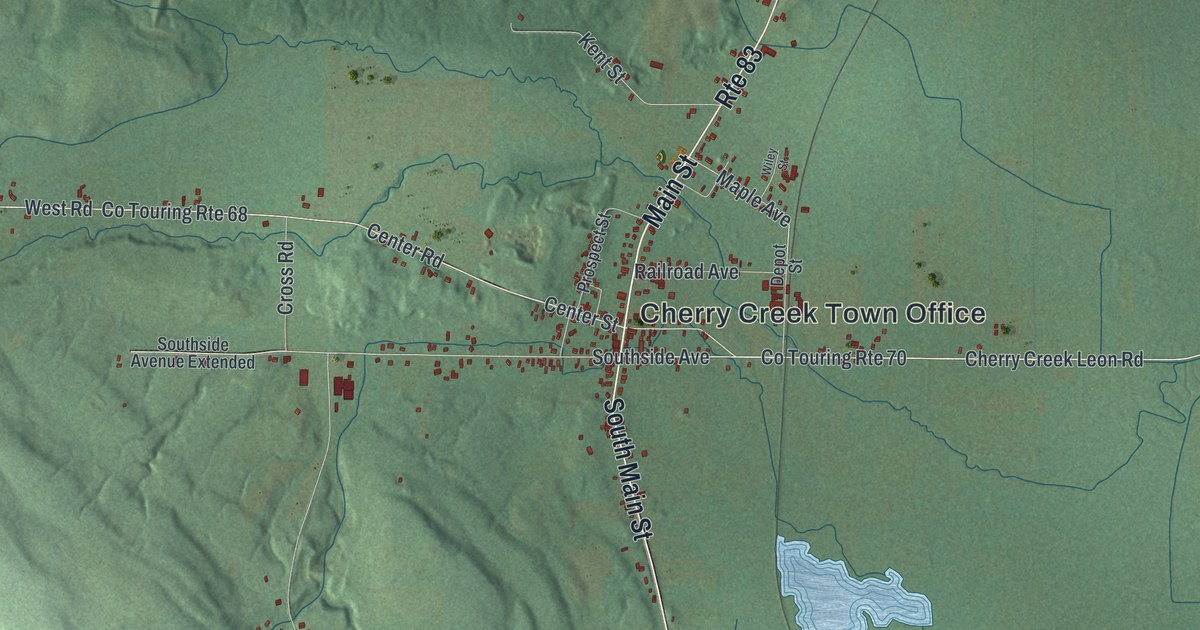 Close-up of streets and buildings in Cherry Creek, New York
