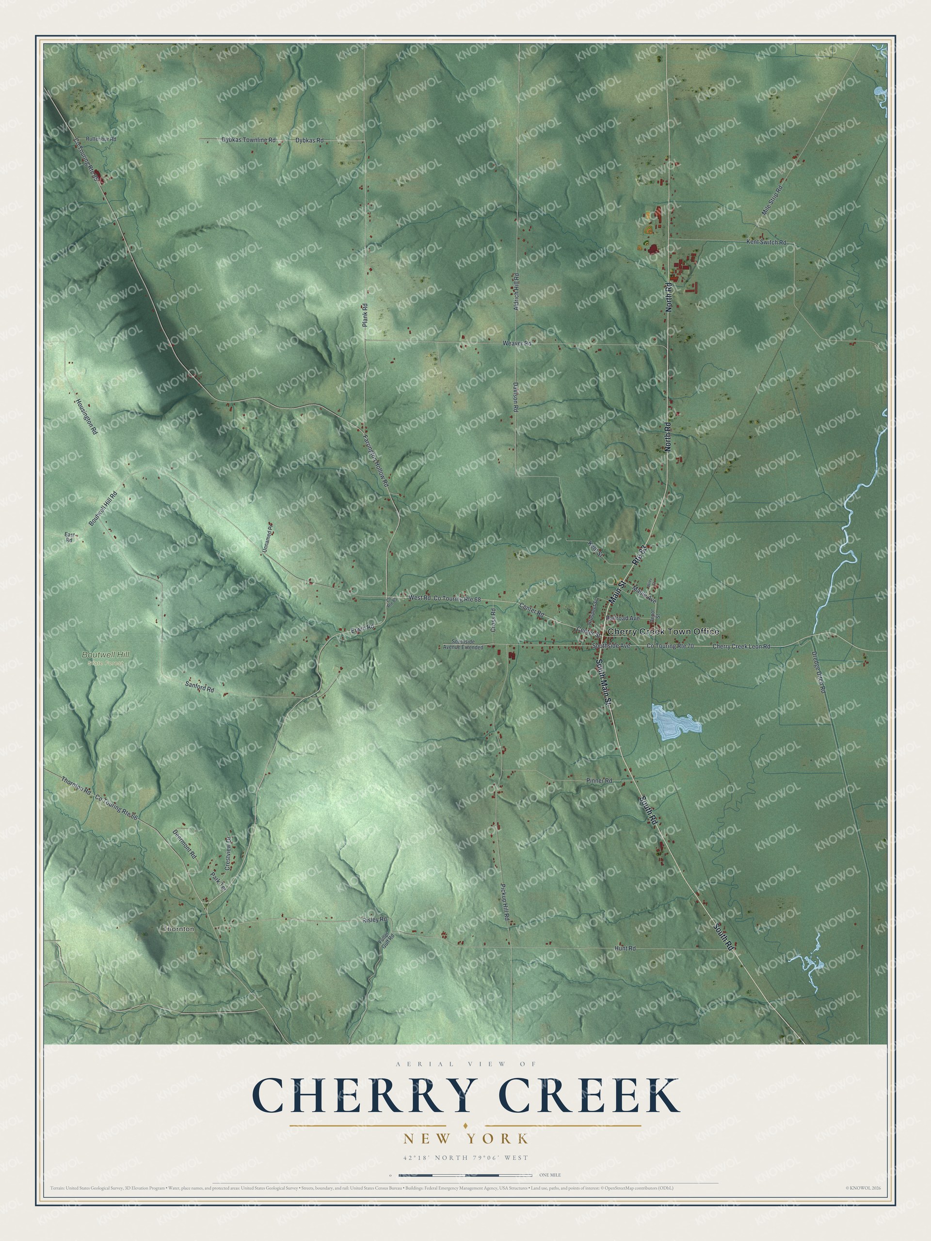 Detailed map of Cherry Creek, New York, showing streets, buildings, and parks