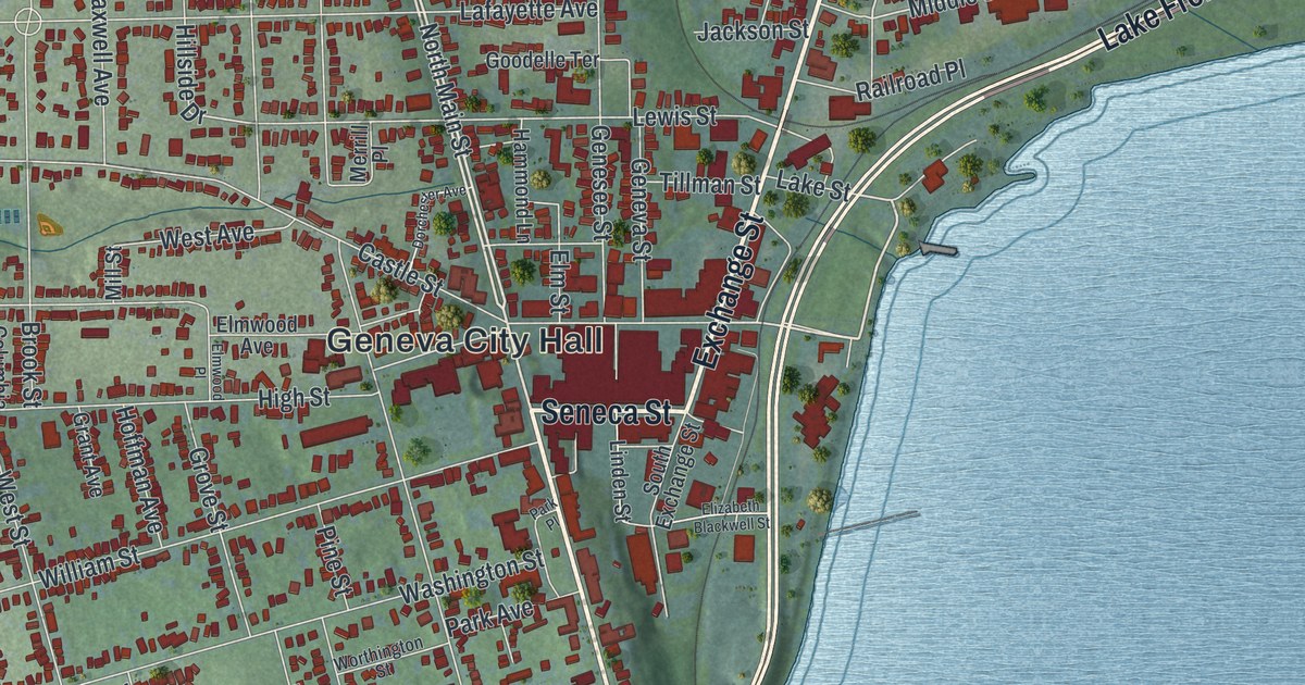 Close-up of streets and buildings in the City of Geneva, Ontario County, New York