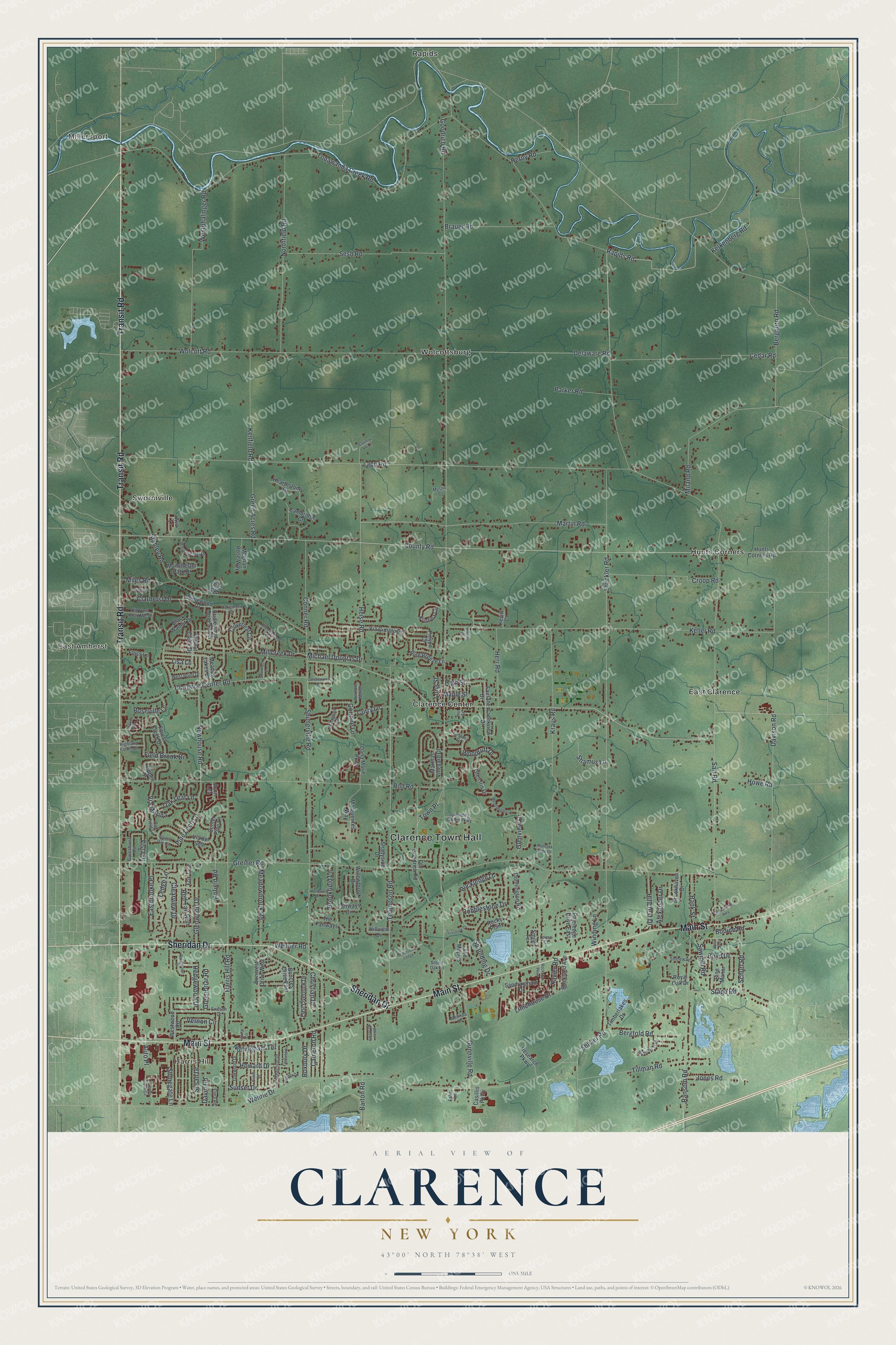 Detailed map of Clarence, New York, showing streets, buildings, and neighborhoods