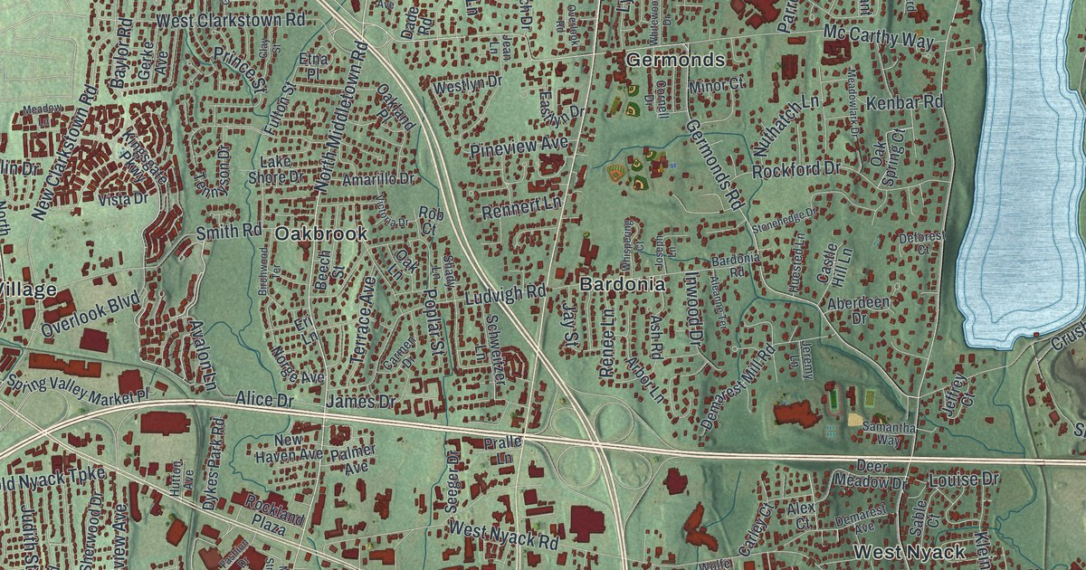 Close-up of streets and buildings in Clarkstown, New York