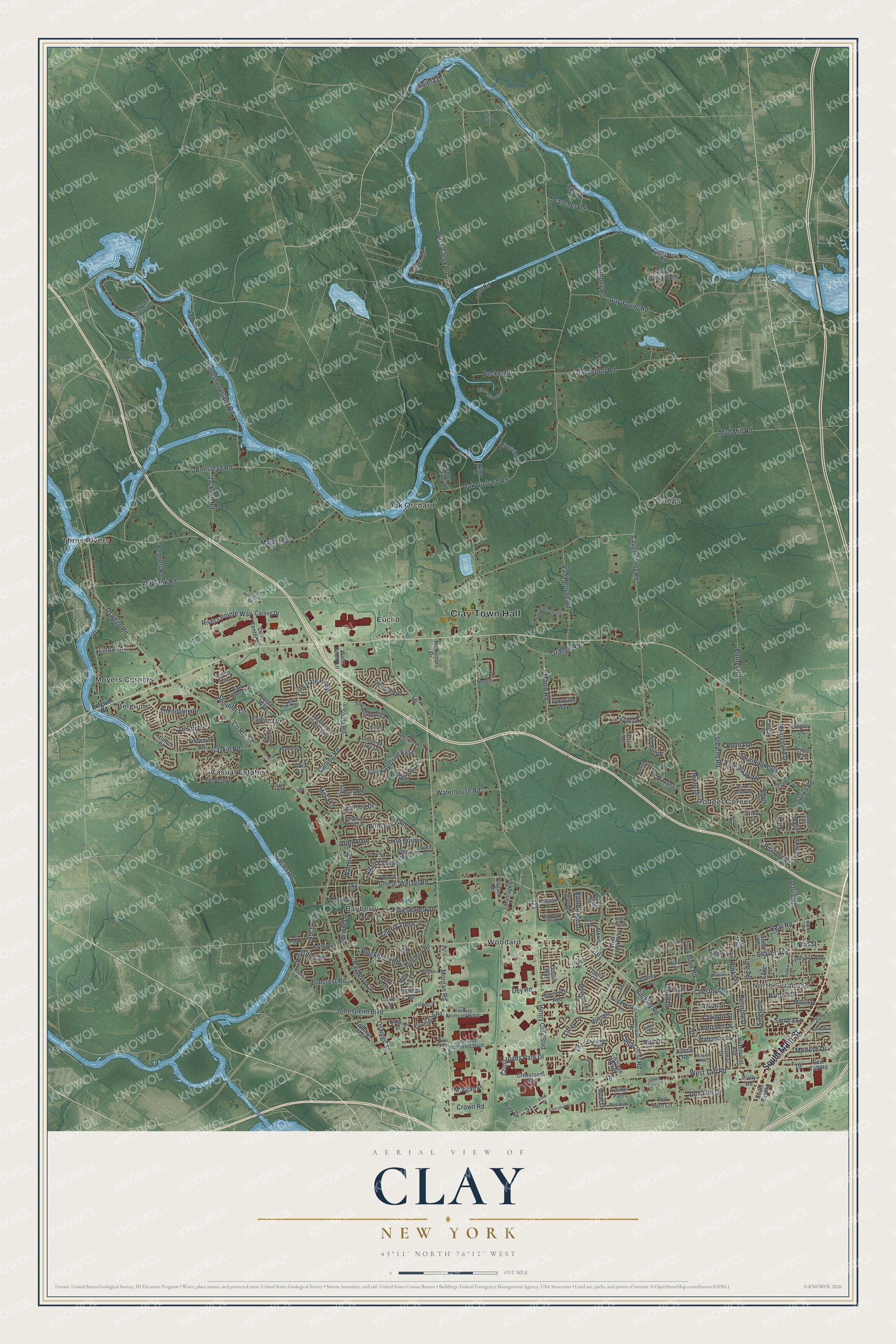 Detailed map of Clay, New York, showing streets, buildings, and neighborhoods