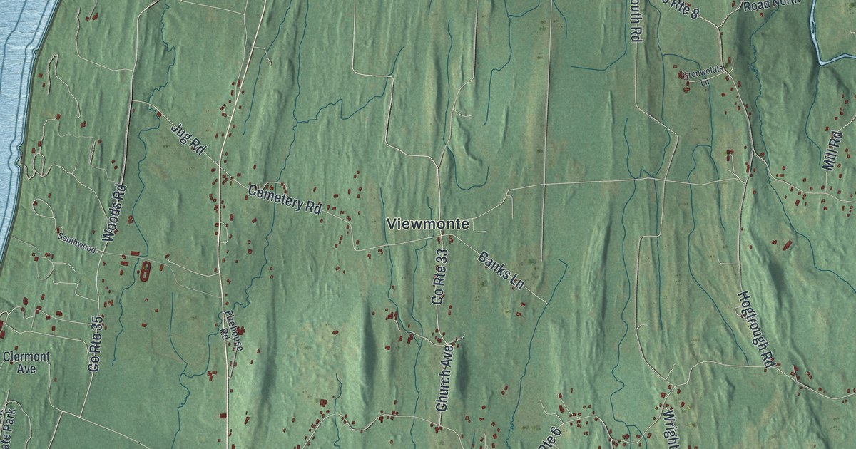 Close-up of streets and buildings in Clermont, New York