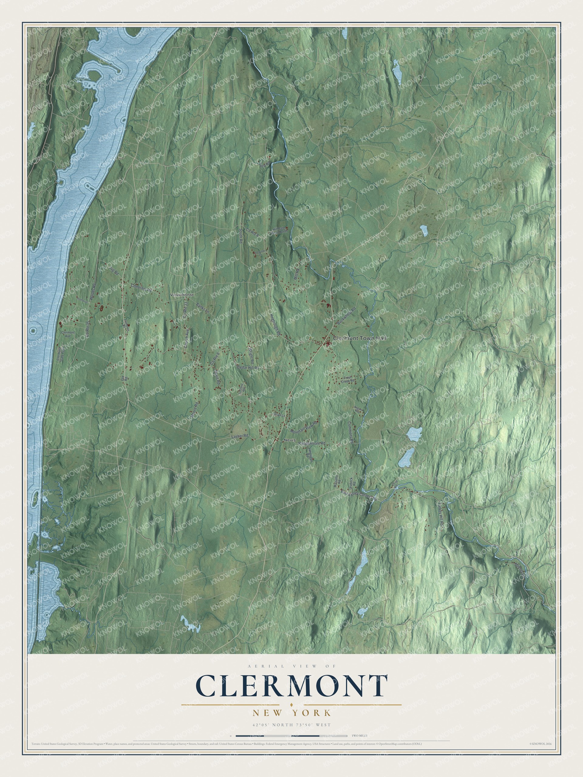 Detailed map of Clermont, New York, showing streets, buildings, and neighborhoods