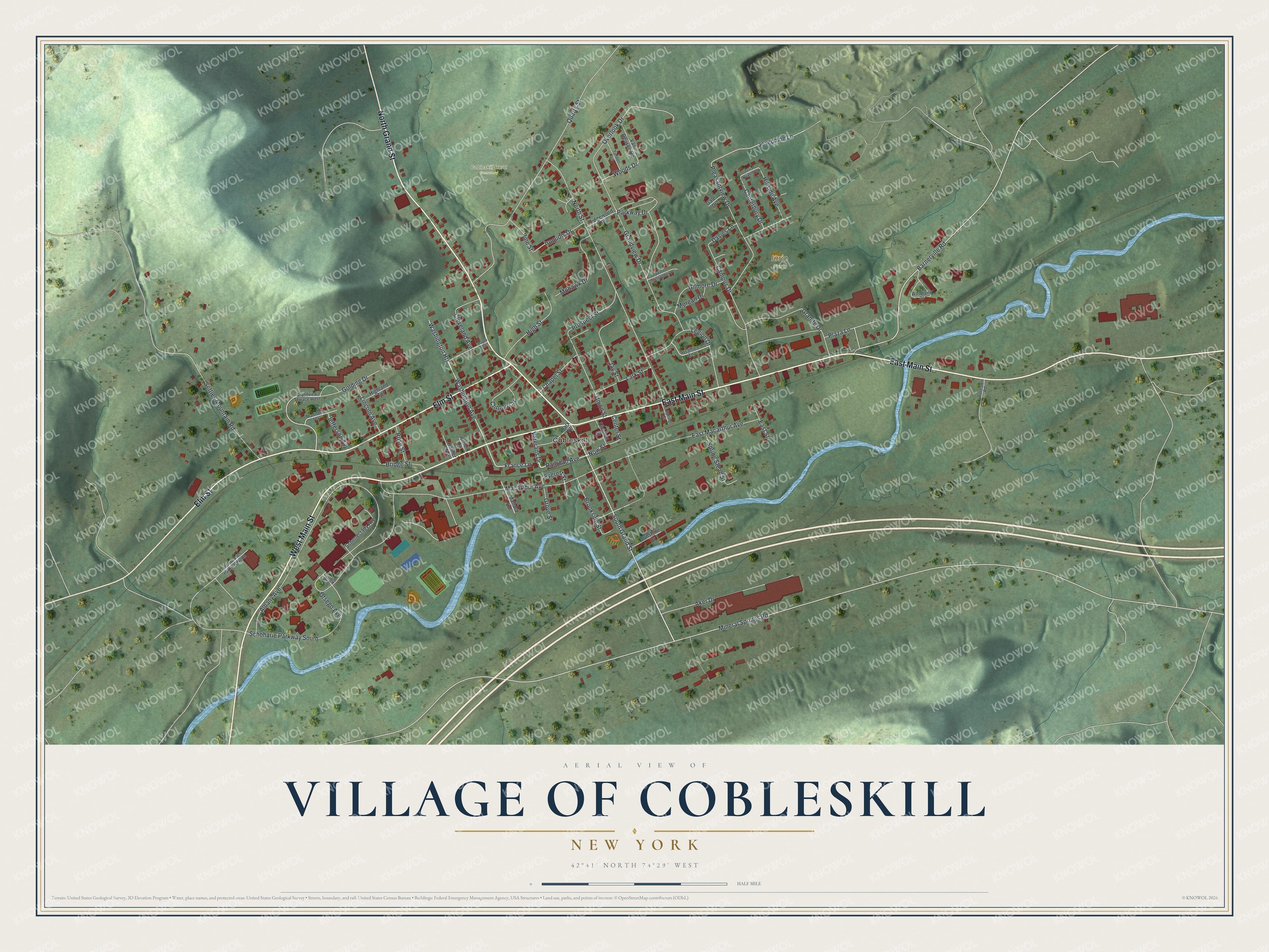 Detailed map of the Village of Cobleskill, New York, showing streets, buildings, and parks