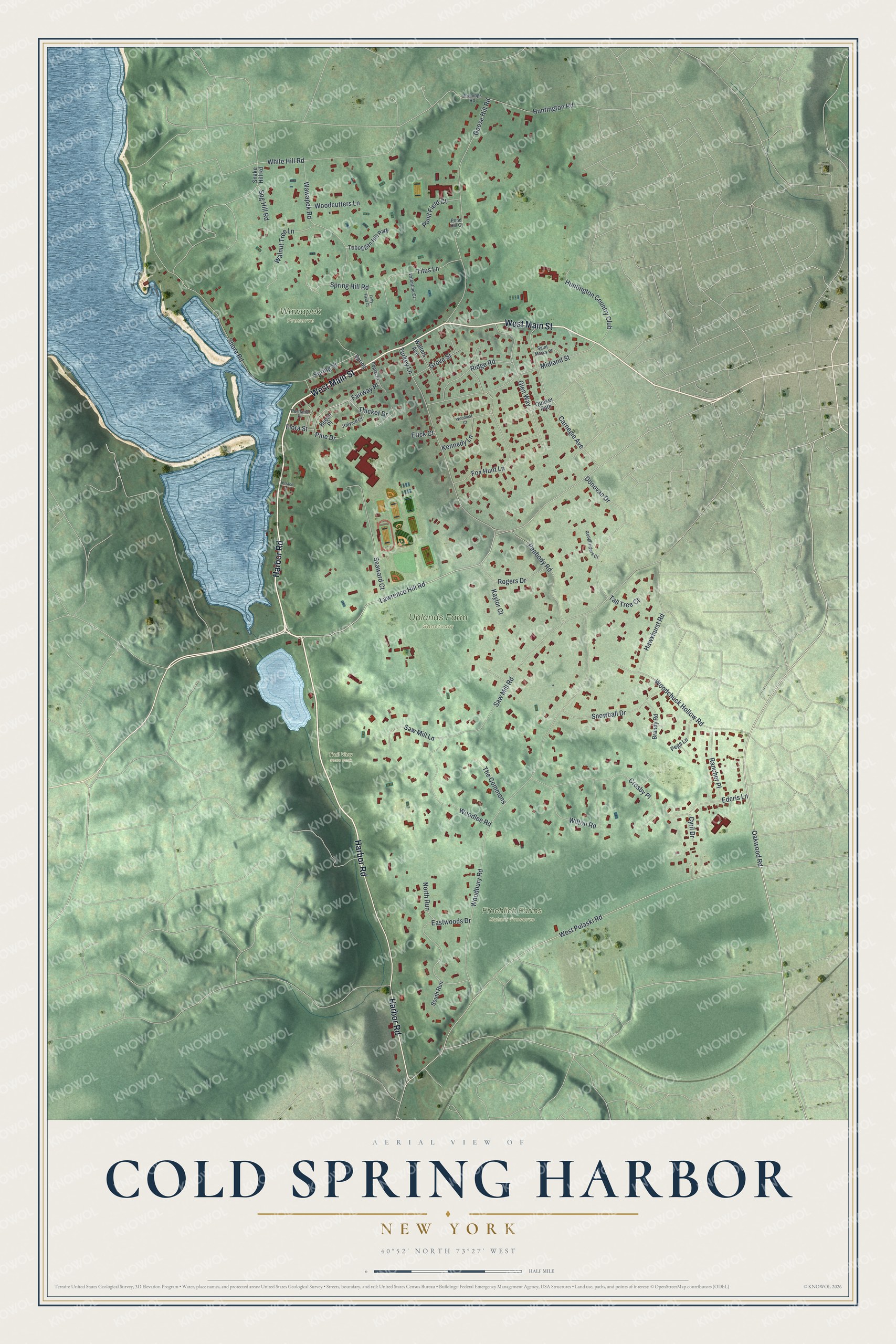 Detailed map of Cold Spring Harbor, New York, showing streets, buildings, and parks
