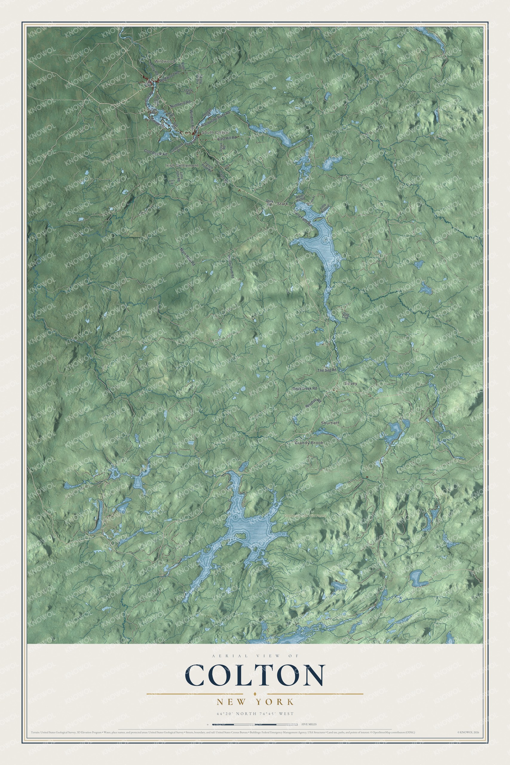 Detailed map of Colton, New York, showing streets, buildings, neighborhoods, and parks