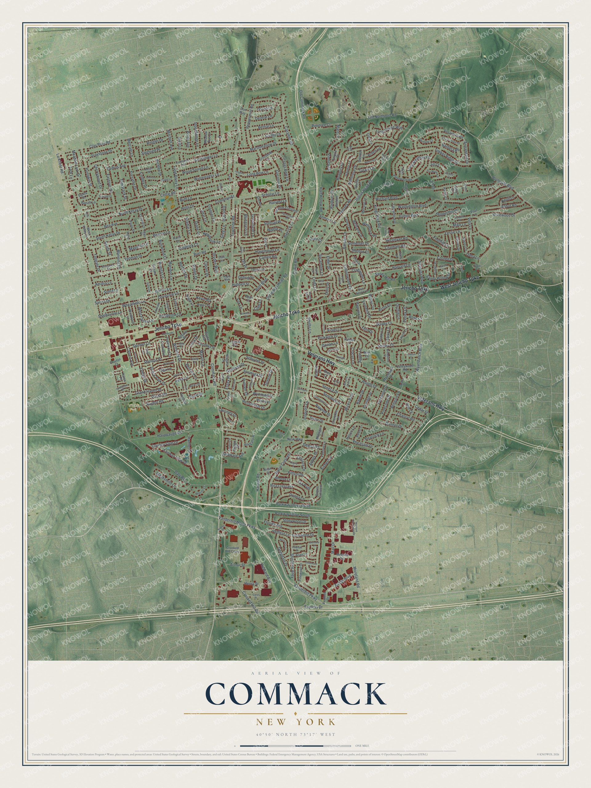 Detailed map of Commack, New York, showing streets, buildings, and parks