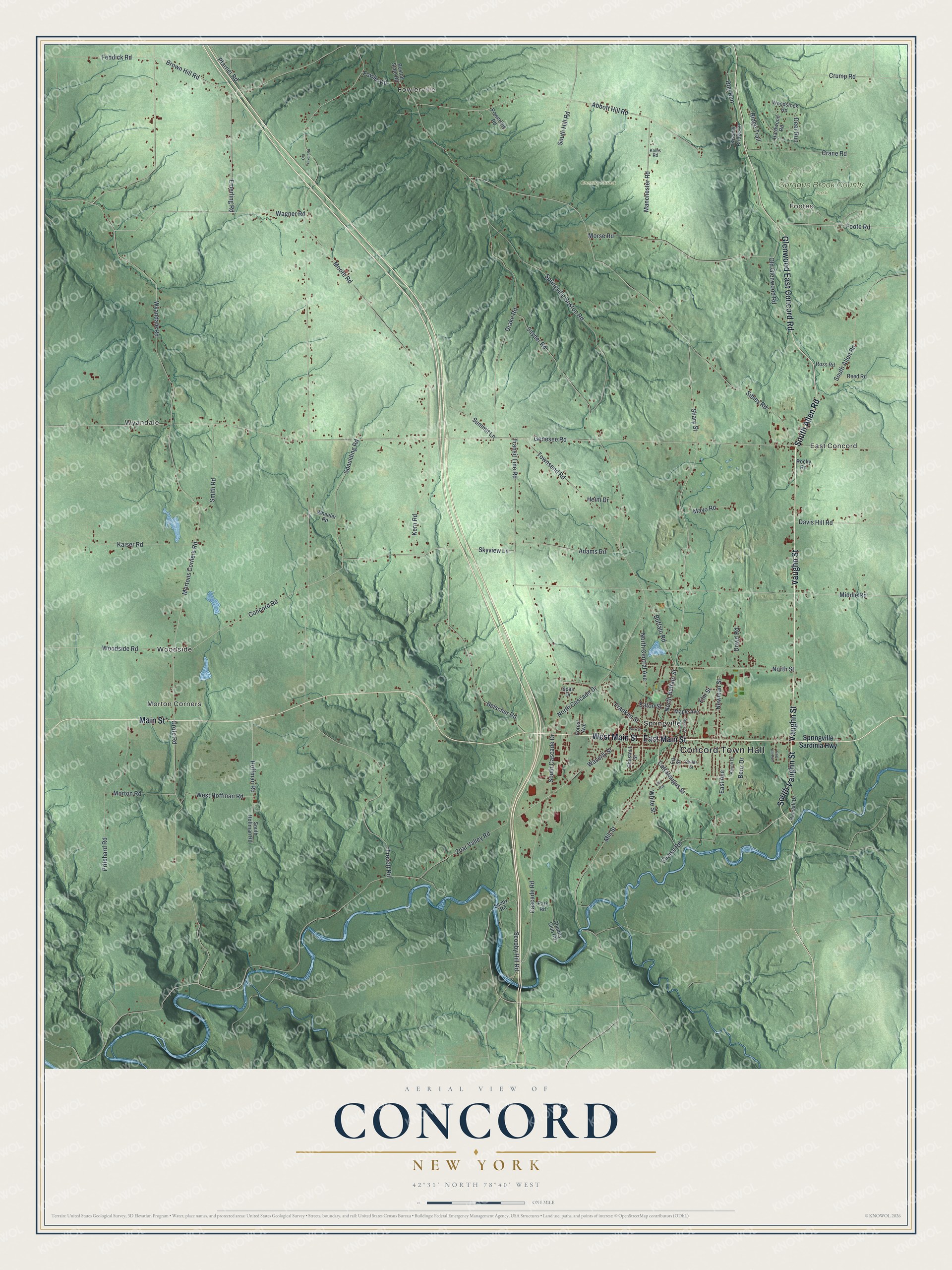 Detailed map of Concord, New York, showing streets, buildings, neighborhoods, and parks