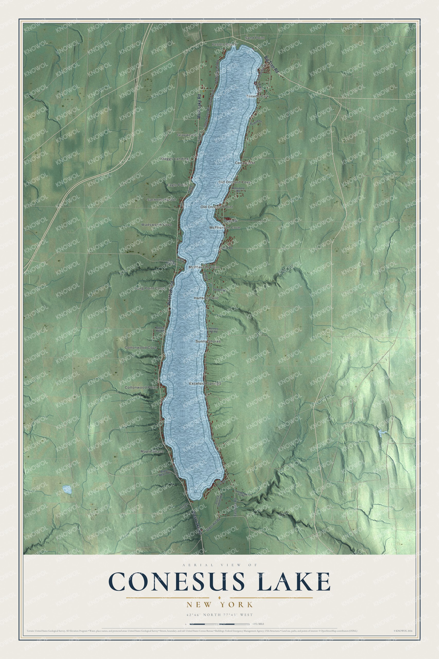 Detailed map of Conesus Lake, New York, showing streets, buildings, and neighborhoods
