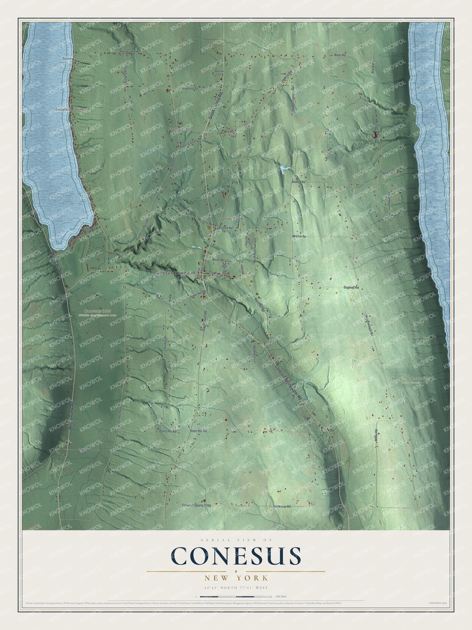 Detailed map of Conesus, New York, showing streets, buildings, neighborhoods, and parks