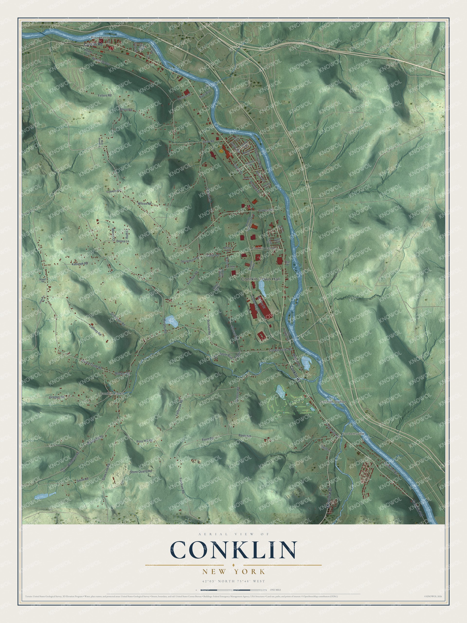 Detailed map of Conklin, New York, showing streets, buildings, and neighborhoods