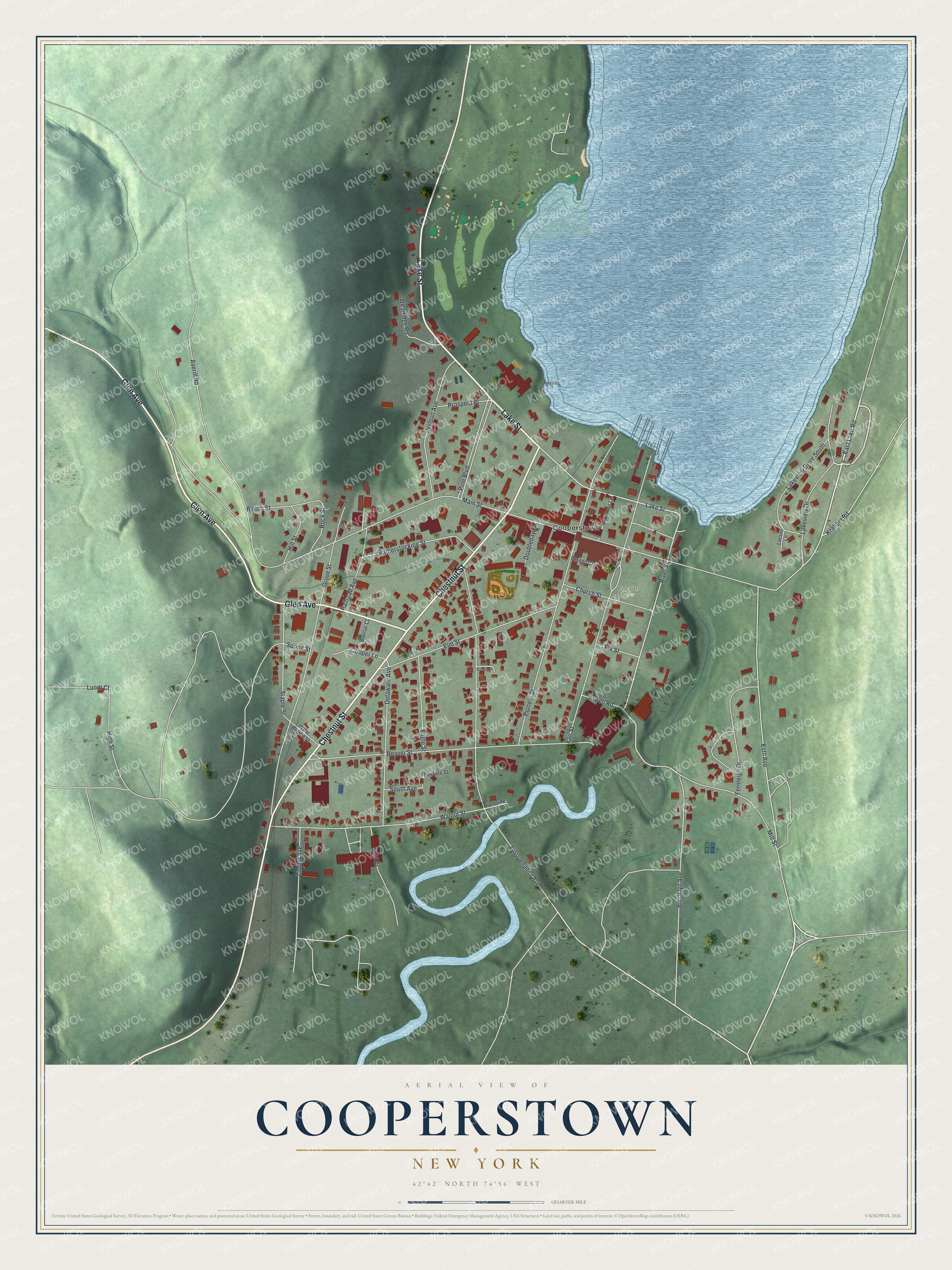 Detailed map of Cooperstown, New York, showing streets, buildings, and parks