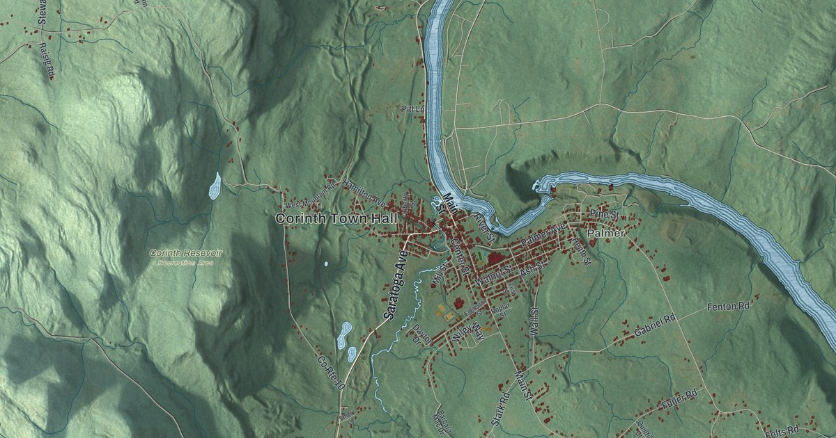 Close-up of streets and buildings in Corinth, New York