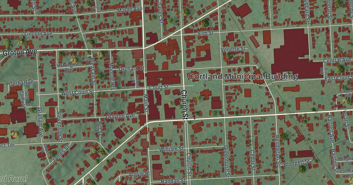 Close-up of streets and buildings in Cortland, New York