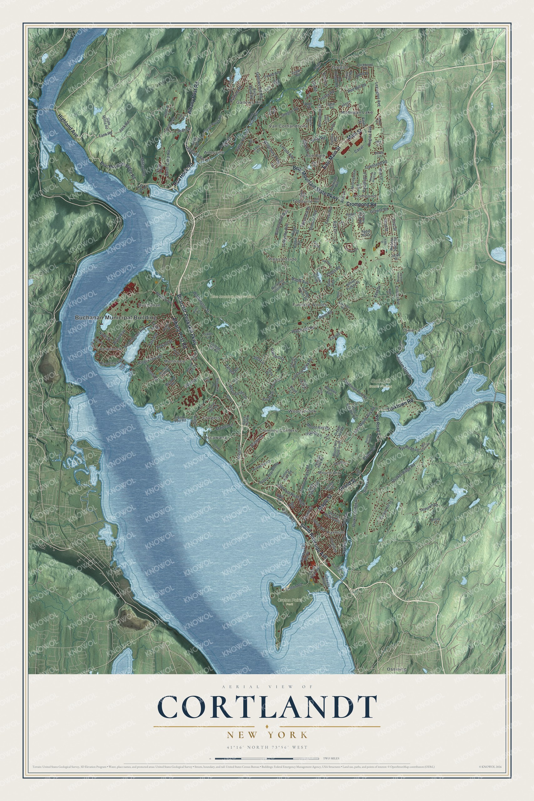Detailed map of Cortlandt, New York, showing streets, buildings, neighborhoods, and parks