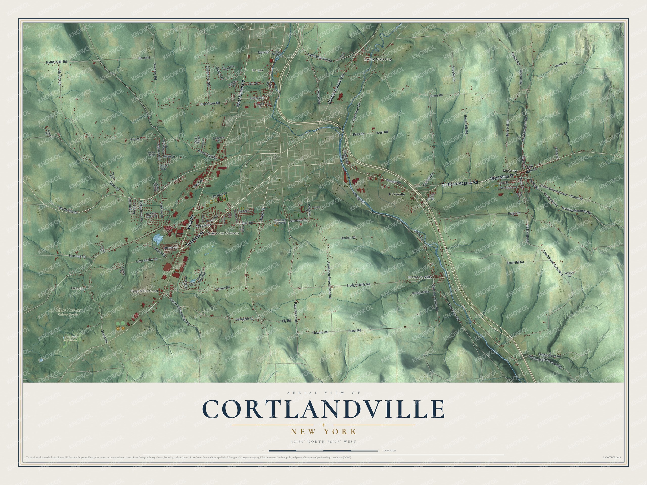 Detailed map of Cortlandville, New York, showing streets, buildings, and neighborhoods