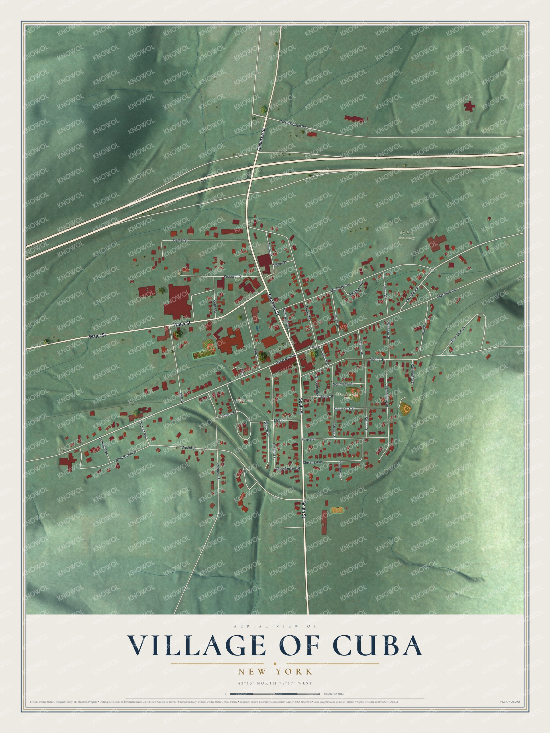 Detailed map of the Village of Cuba, New York, showing streets, buildings, and parks
