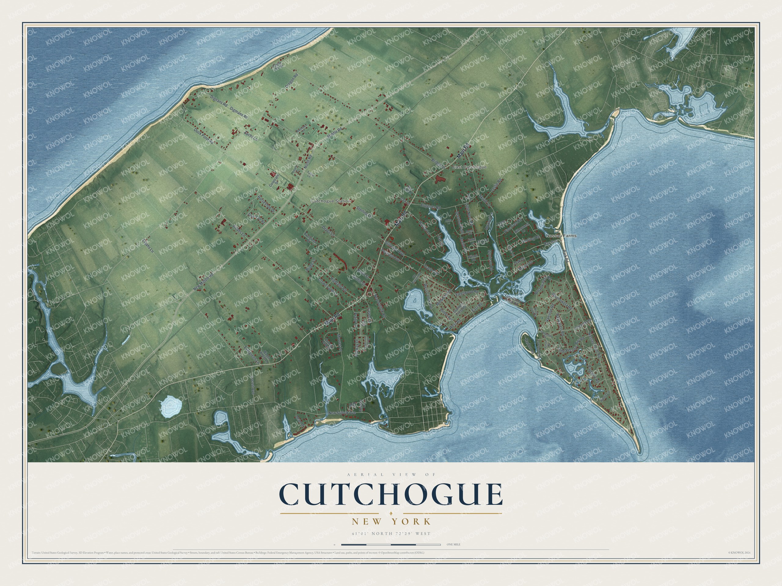 Detailed map of Cutchogue, New York, showing streets, buildings, neighborhoods, and beaches