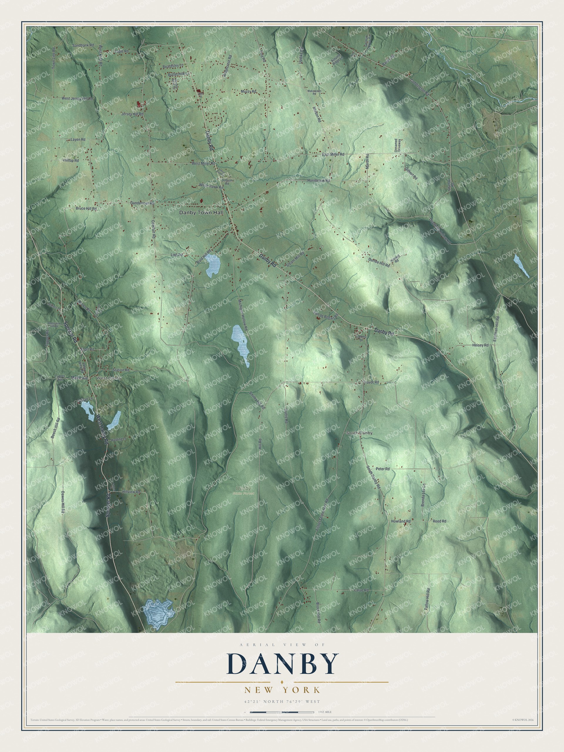 Detailed map of Danby, New York, showing streets, buildings, and neighborhoods
