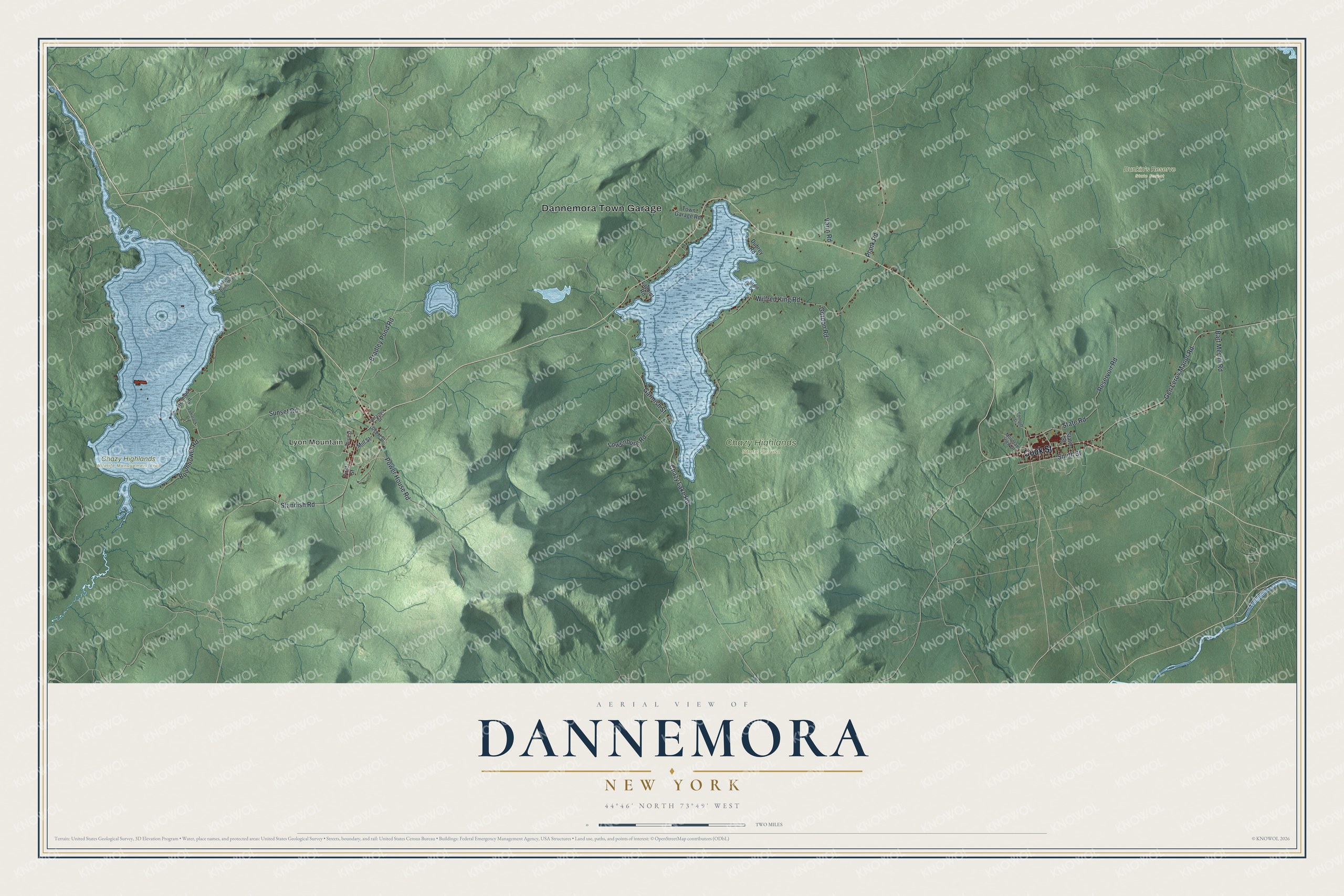 Detailed map of Dannemora, New York, showing streets, buildings, and parks