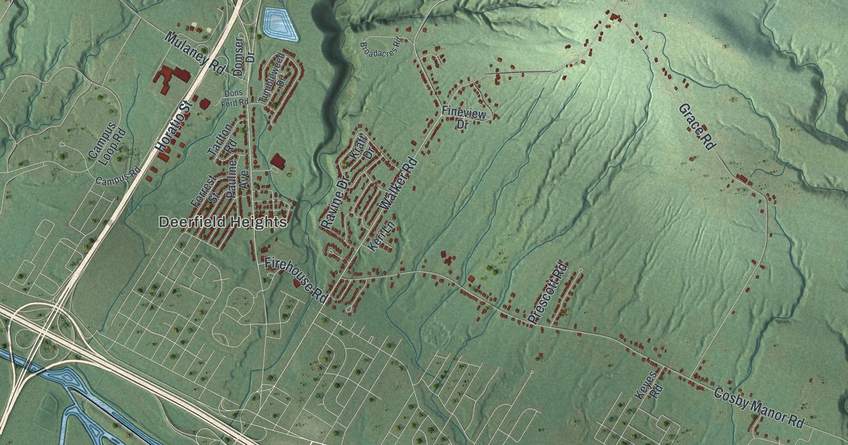 Close-up of streets and buildings in Deerfield, New York
