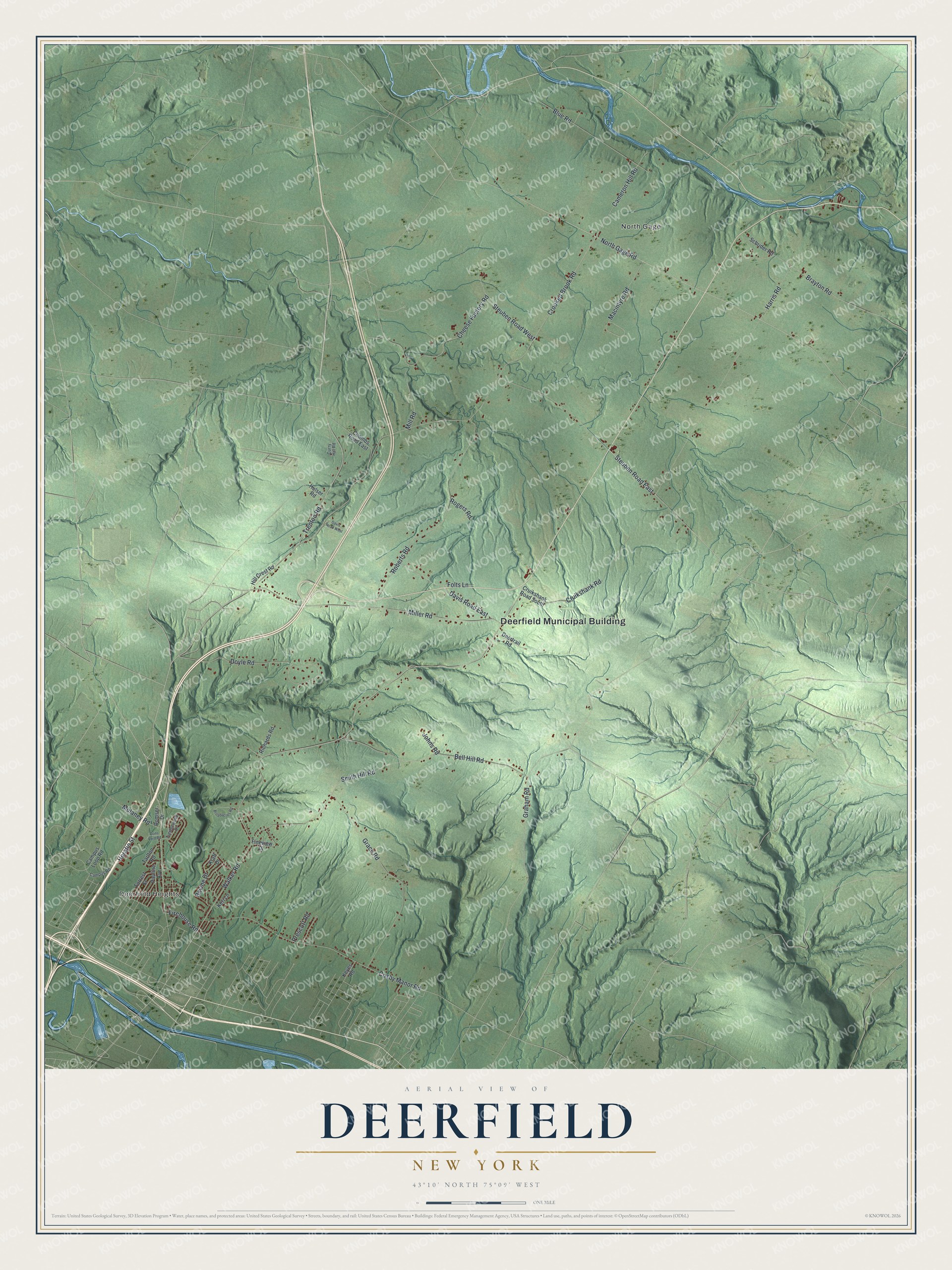 Detailed map of Deerfield, New York, showing streets, buildings, and neighborhoods