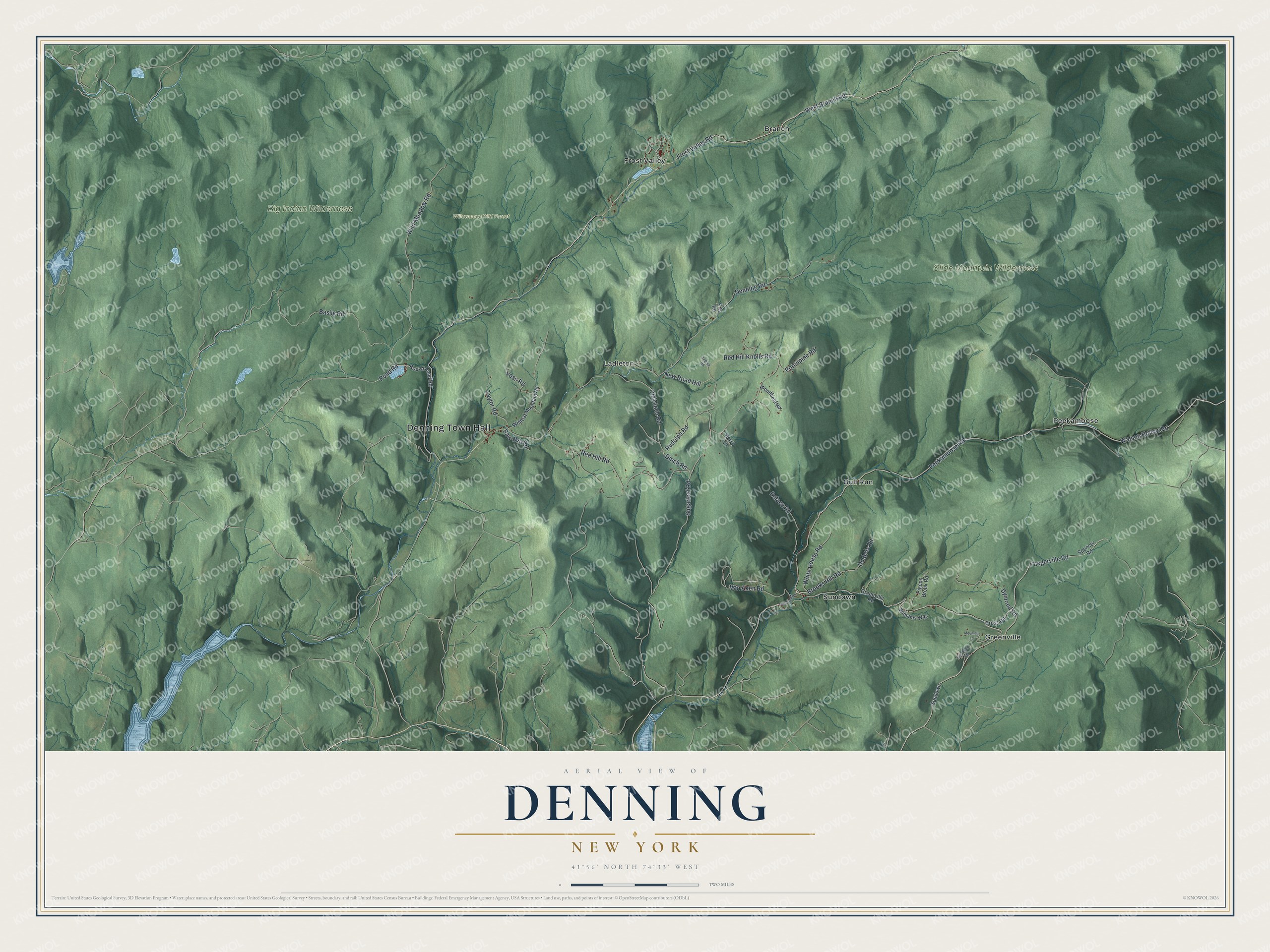 Detailed map of Denning, New York, showing streets, buildings, neighborhoods, and parks