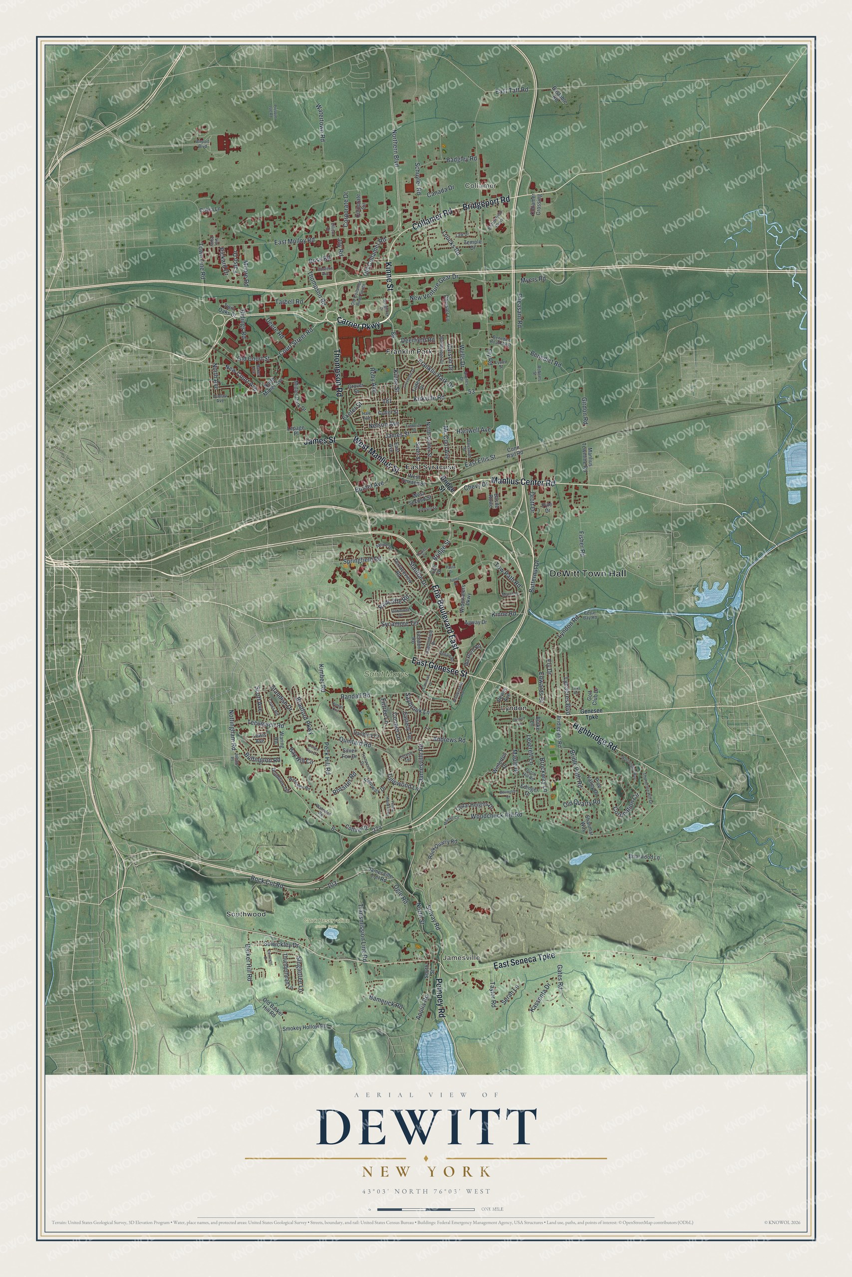 Detailed map of DeWitt, New York, showing streets, buildings, neighborhoods, and parks