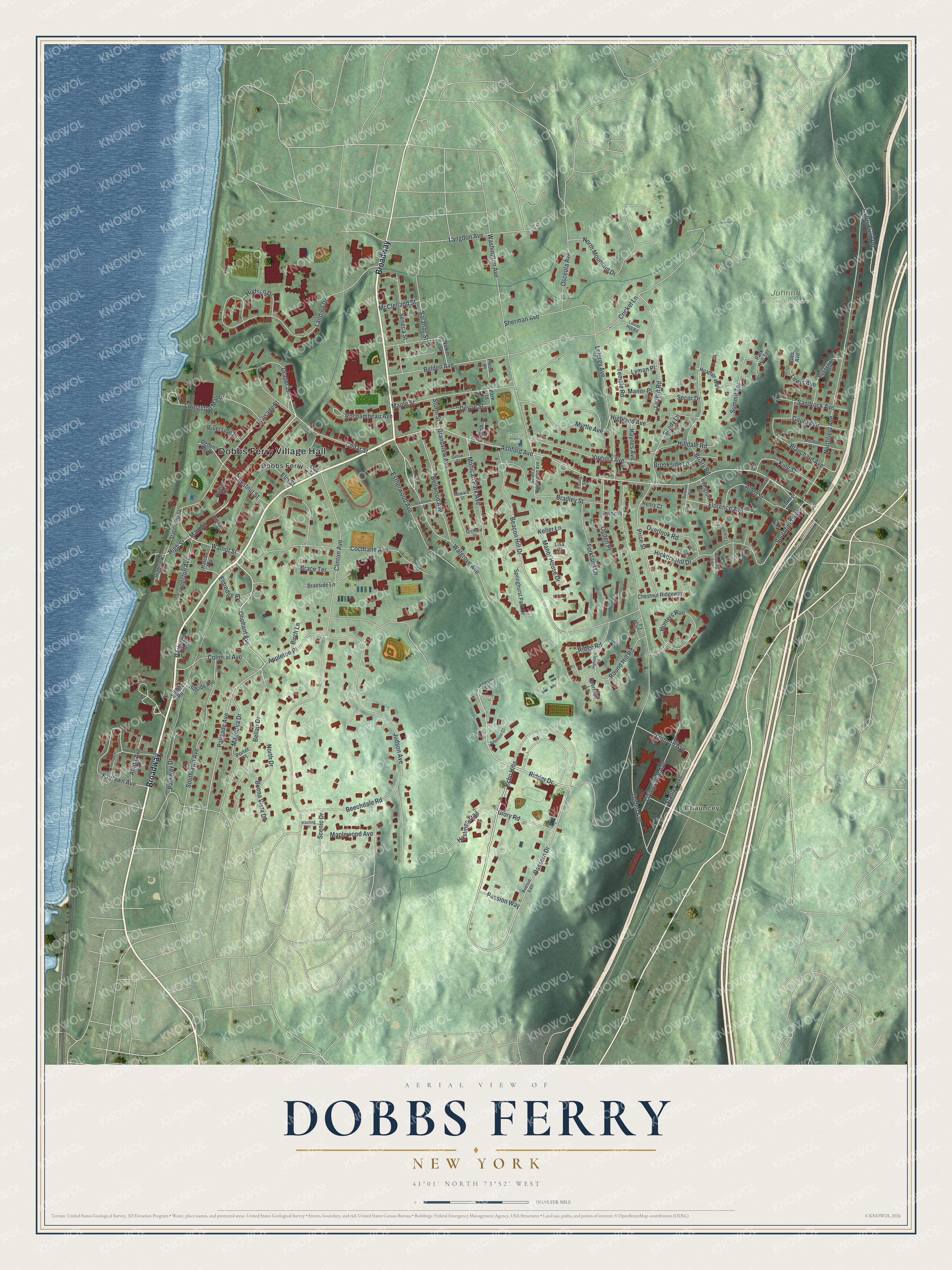 Detailed map of Dobbs Ferry, New York, showing streets, buildings, and parks