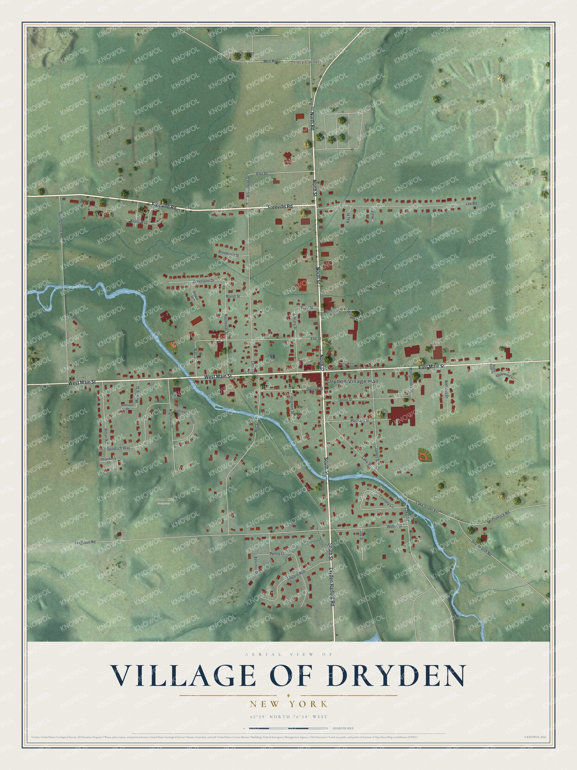 Detailed map of the Village of Dryden, New York, showing streets, buildings, and parks