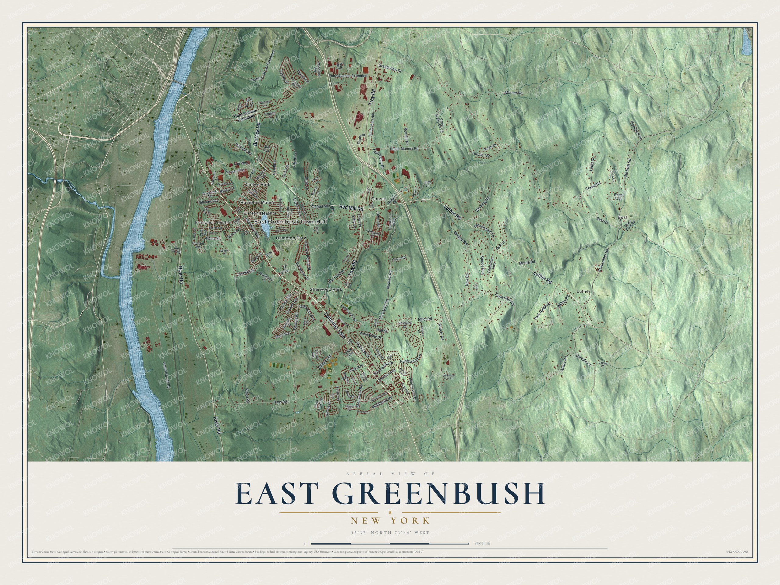 Detailed map of East Greenbush, New York, showing streets, buildings, and neighborhoods